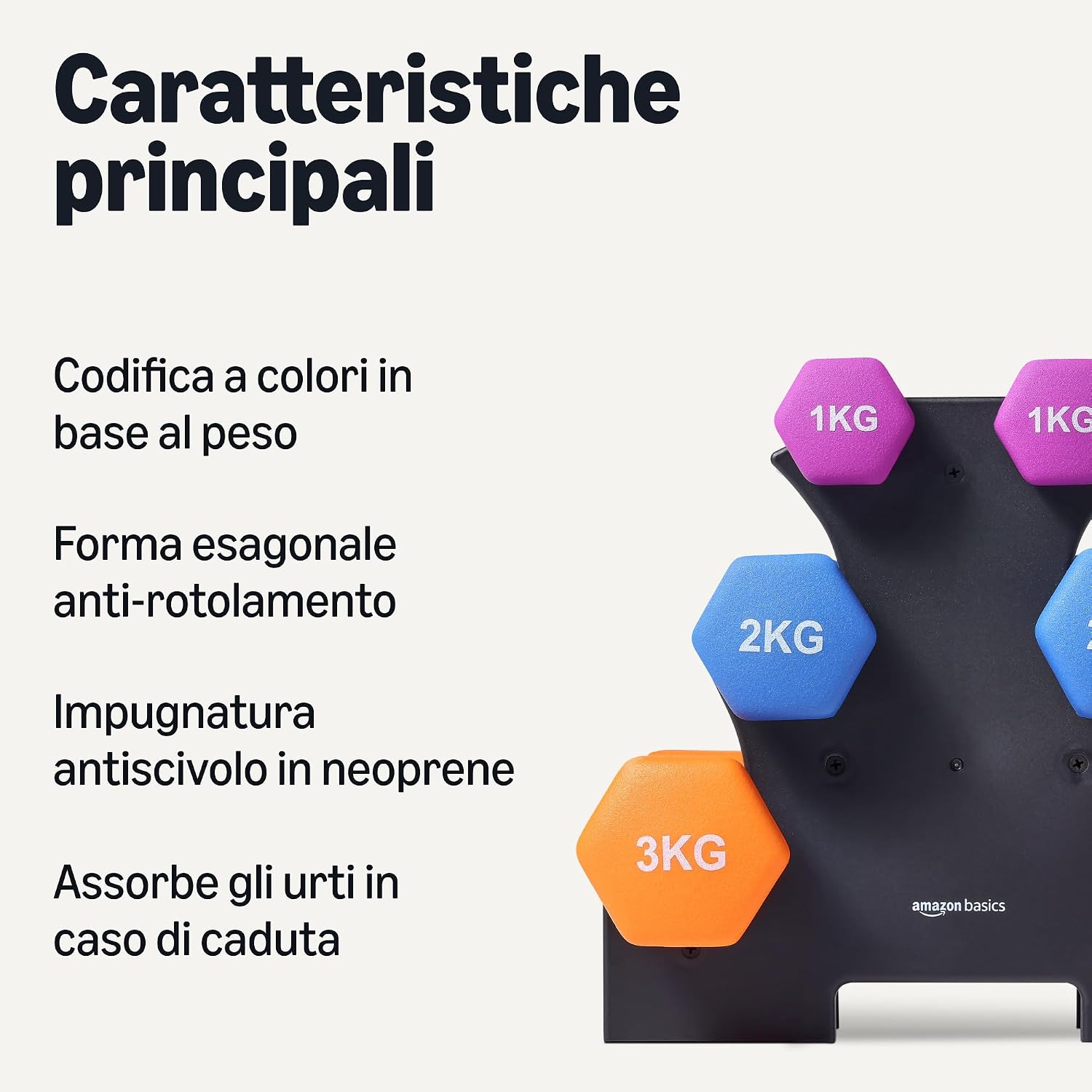 Thumbnail 1 de Amazon Basics: Set di manubri in neoprene da 1, 2 e 3 kg con supporto – 6 pezzi