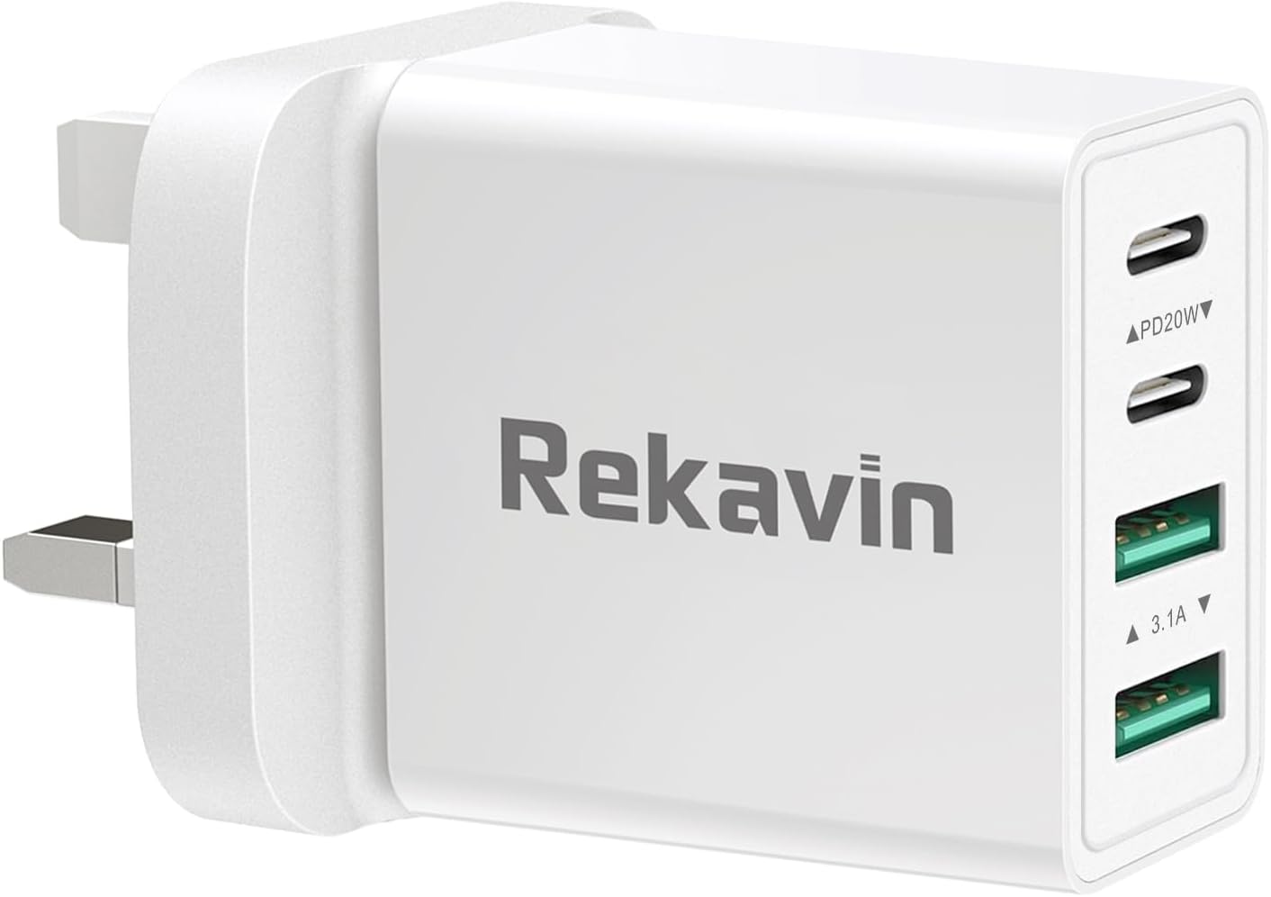 Detalle de Rekavin 40W Multi USB and USB-C Charger Plug (UK fast charge, dual USB-C + dual USB-A) for iPhone, iPad and Apple Watch