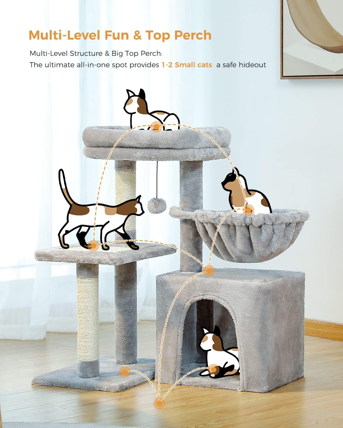 Thumbnail 6 de PAWZ Road Small Cat Tree (73cm) with Hammock & Top Perch, Indoor Activity Tower for Cats, Grey