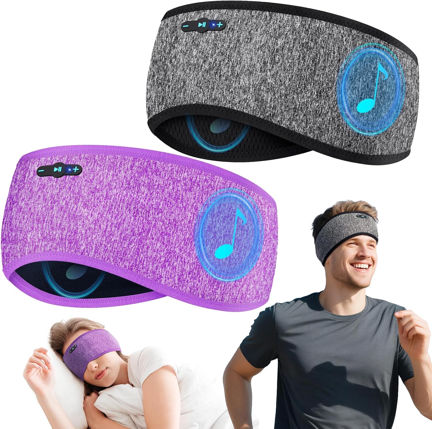 Detalle de Veeniitosr Sleep Headphones Bluetooth 6.0 Headband (Grey & Purple) – 2-in-1 Sleep & Sport Headband