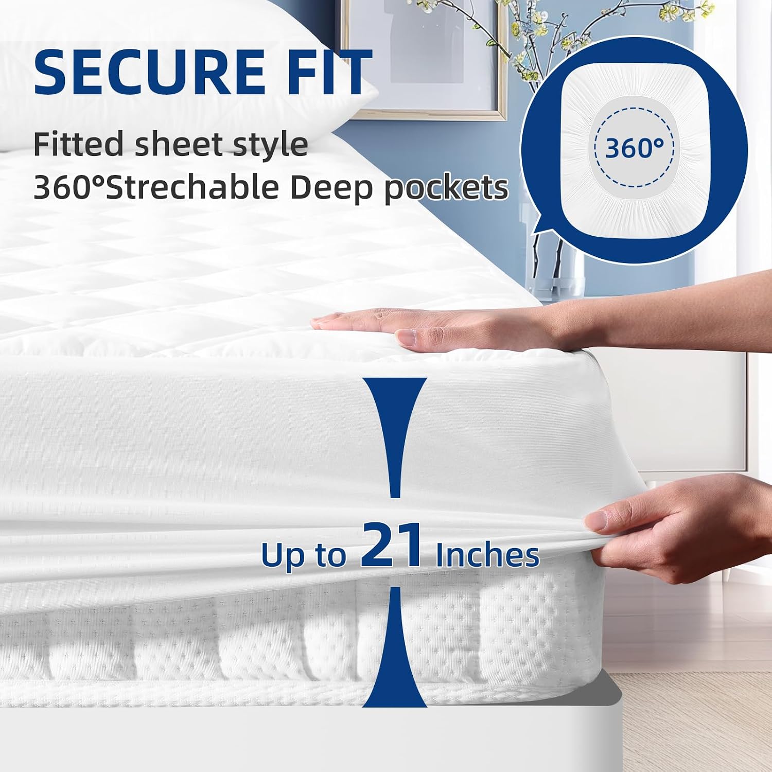 Detalle de MEELUS Queen Waterproof Mattress Protector, Quilted Surface, Deep Pockets
