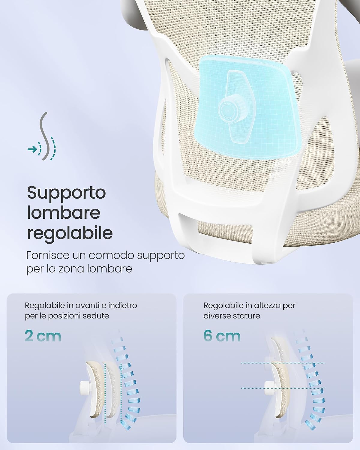 Detalle de SONGMICS OBN066LF01 sedia da ufficio ergonomica con poggiatesta e supporto lombare regolabili