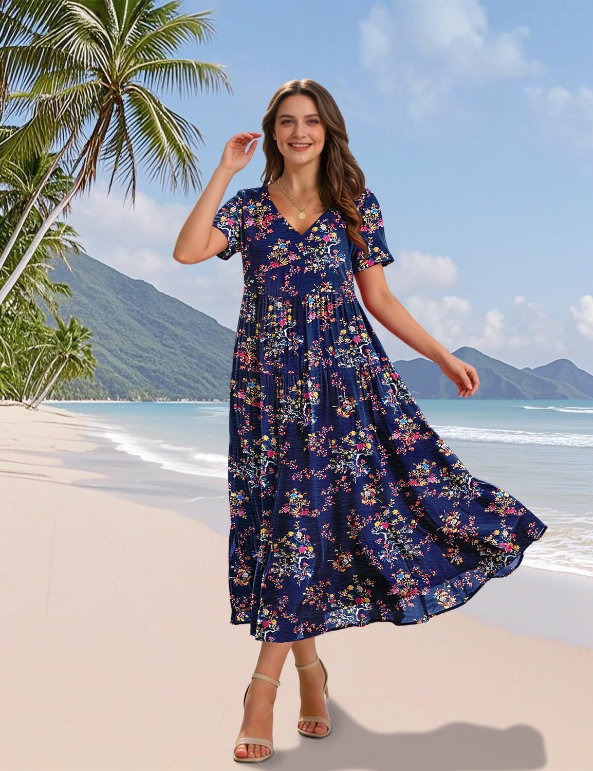 Thumbnail 1 de YESNO Women's Summer Maxi Dress with Pockets – Floral Boho V-Neck Swing Dress