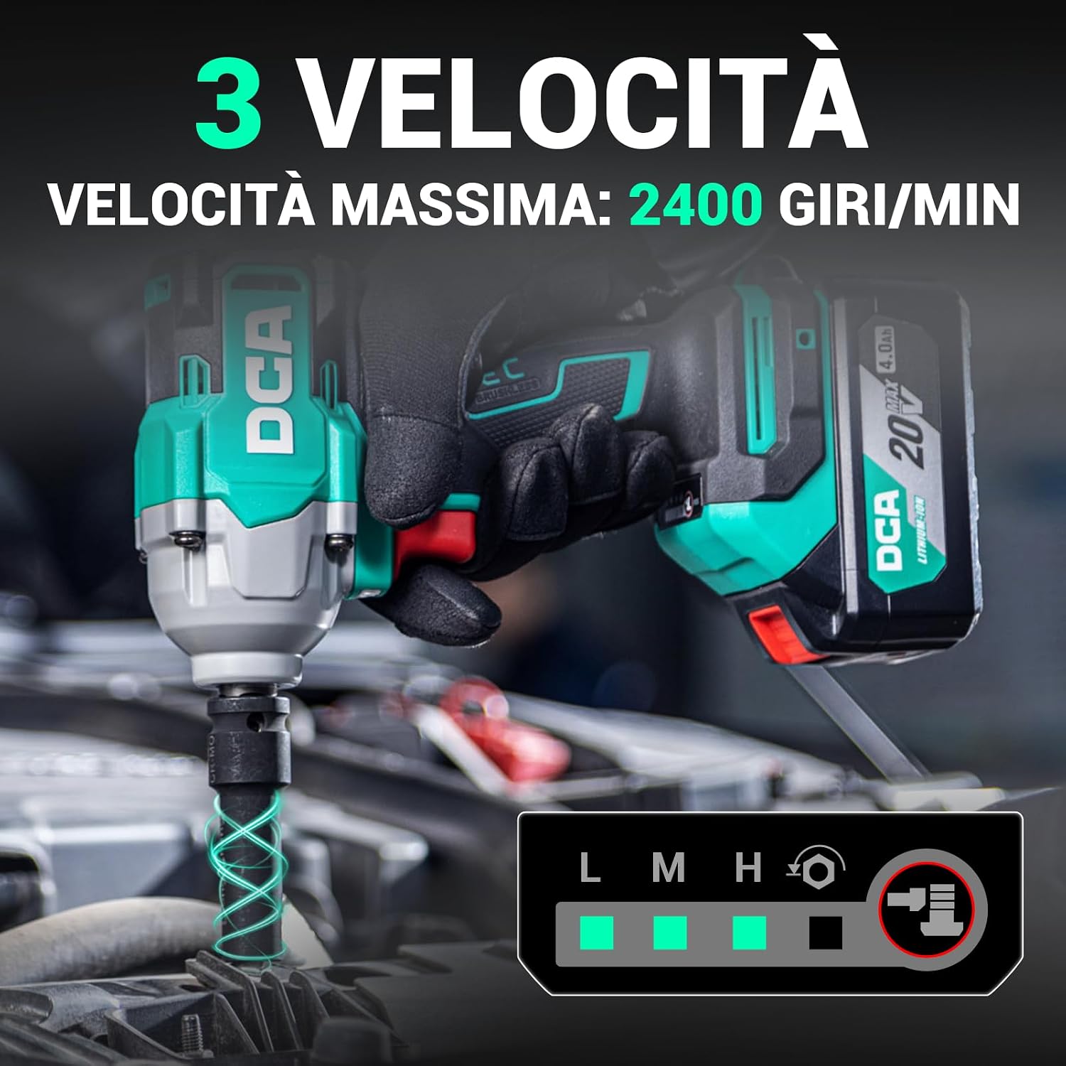 Detalle de DCA Avvitatore a impulsi brushless 20V con batteria 4,0 Ah e attacco 13 mm con anello Hog