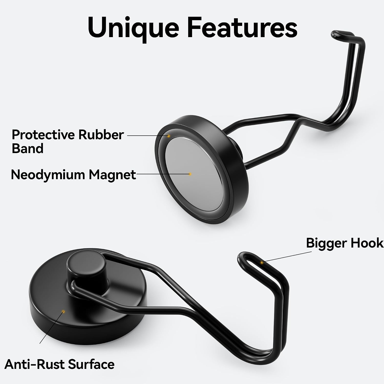 Detalle 2 de Ridegeek Magnetic Hooks, 6-Pack with 100 lb Pulling Force, Black Stainless Steel