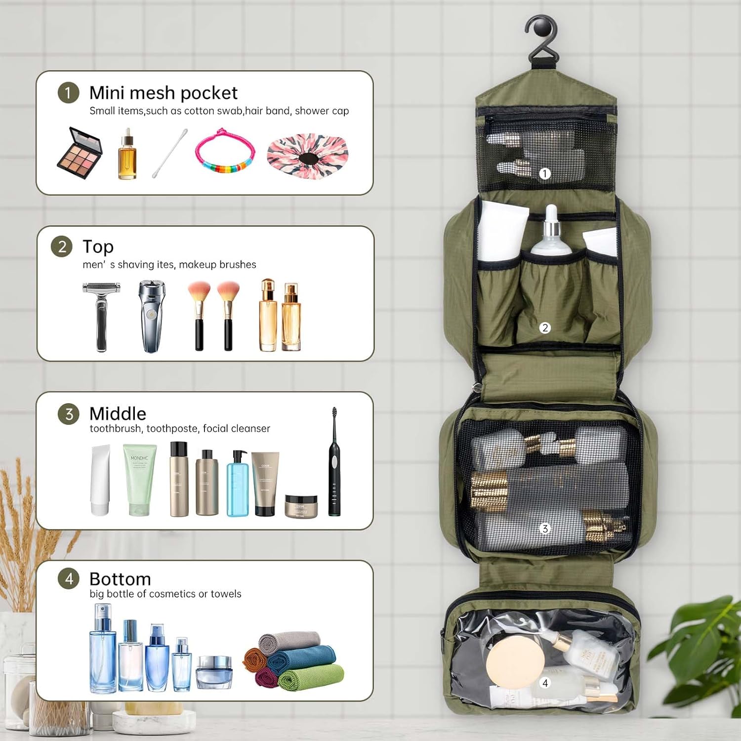 Thumbnail 4 de Boic Hanging Toiletry Bag – Waterproof Foldable Travel Wash Bag (Green)