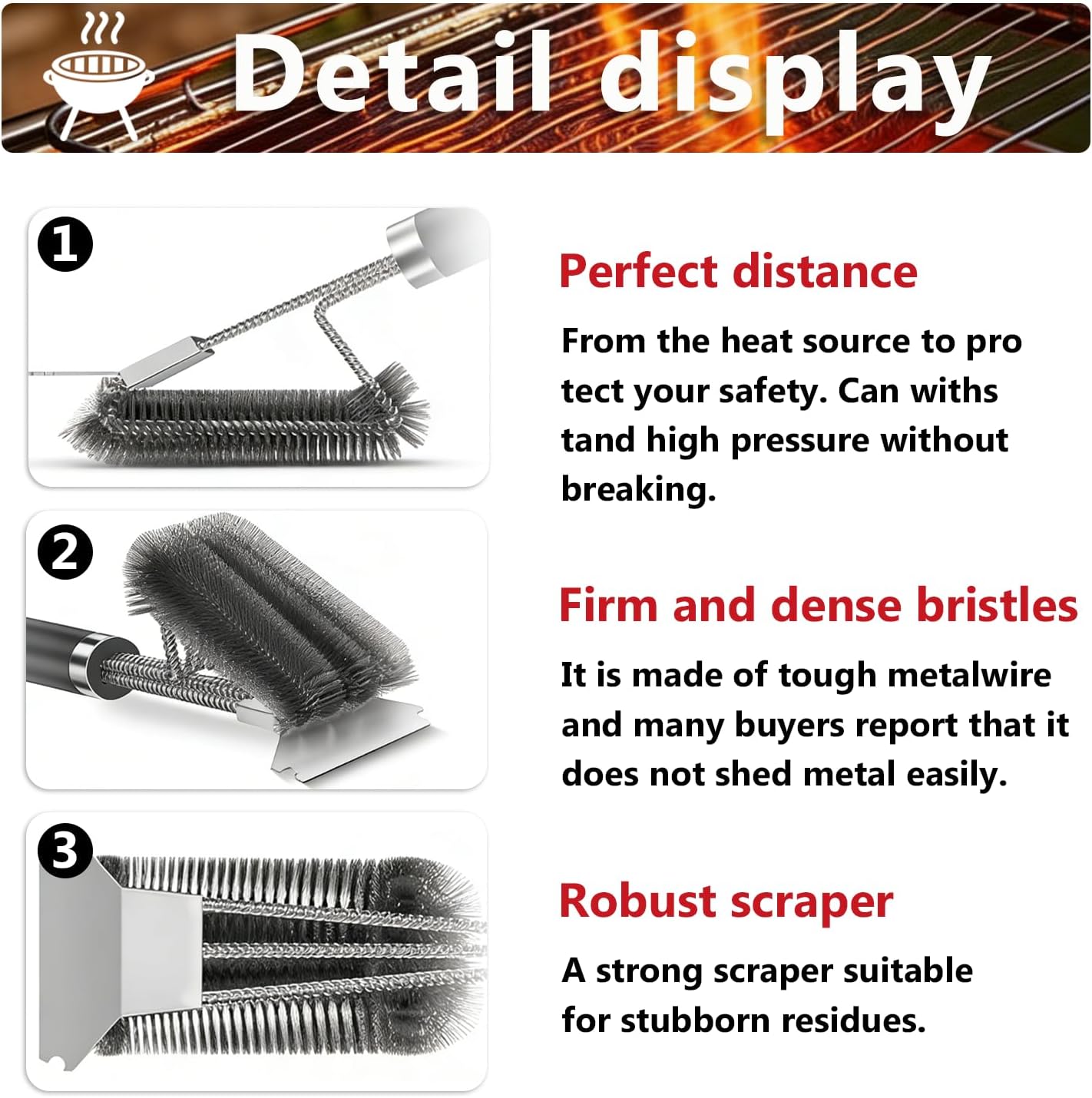 Thumbnail 3 de JIMYIU Kit di Pulizia per Griglie 3 in 1: Spazzola in acciaio inox con raschietto e occhiello, extra lunghe per grill a gas, carbone, elettriche e a sfera