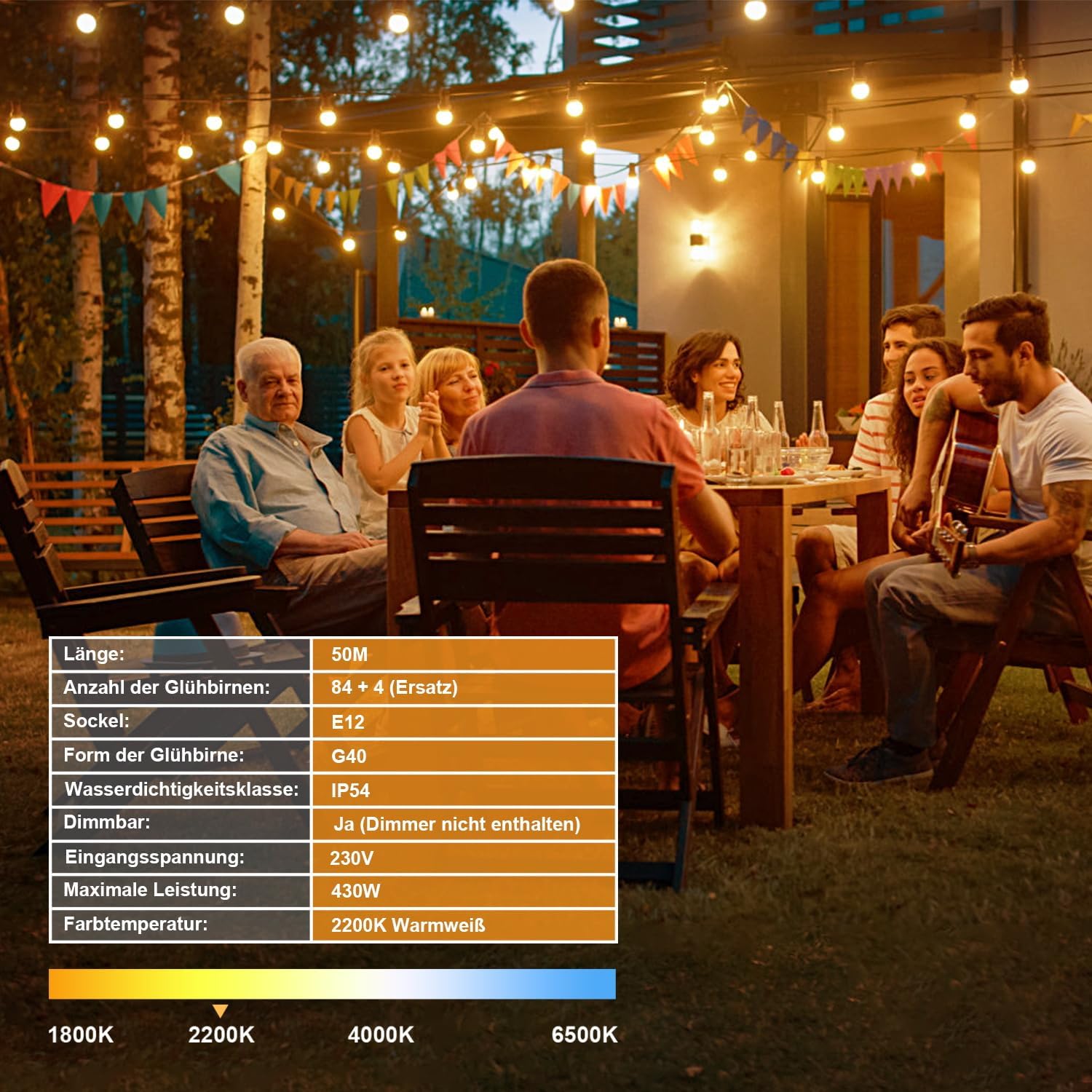 Detalle de Lichterkette Led Außen Strom Outdoor – 54 m, 82 LEDs G40, IP54, wetterfest