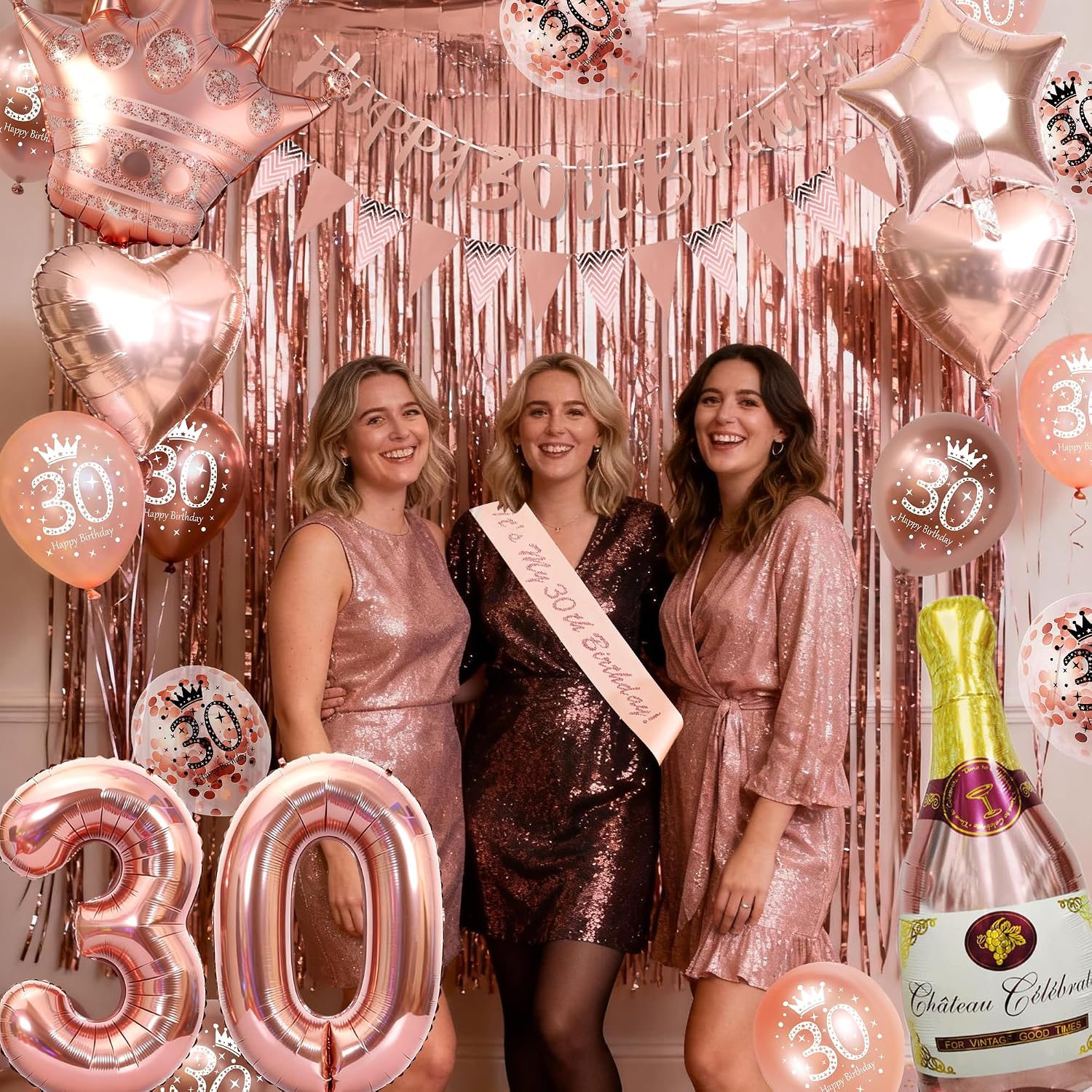 Detalle de Rose Gold 30th Birthday Decoration Set for Women – Happy 30th Birthday Banner, Triangle Flags, “30” Foil Balloons & More