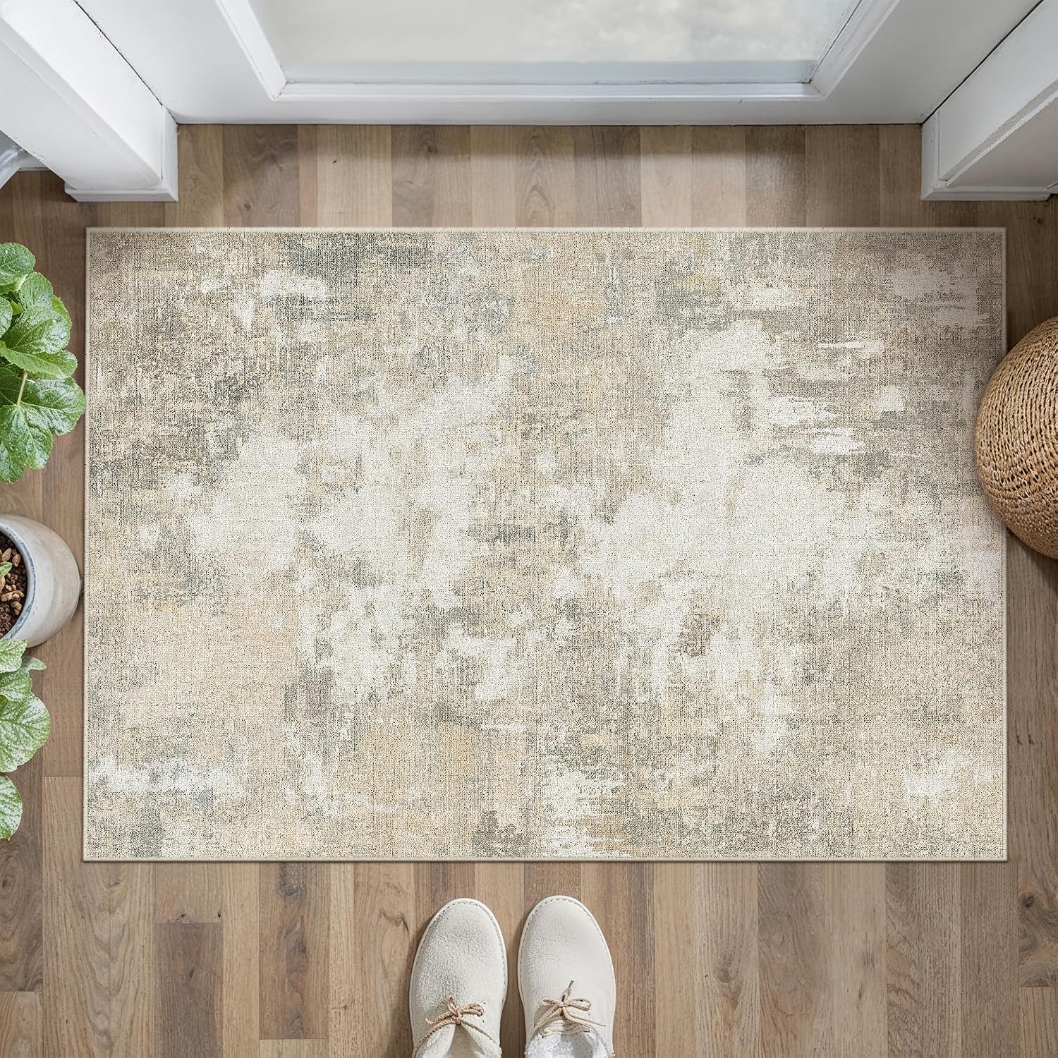Detalle de PureCozy Waschbarer abstrakter Teppich 60x180 cm – Beige, rutschfeste Unterseite, pflegeleicht & maschinenwaschbar