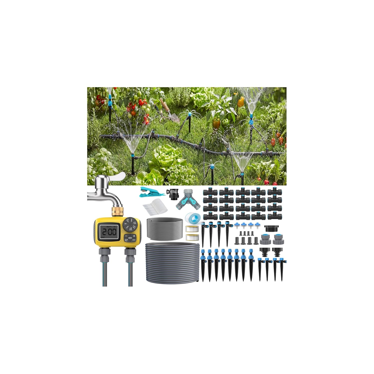Detalle de TRJZWA drip irrigation kit with 2-zone timer