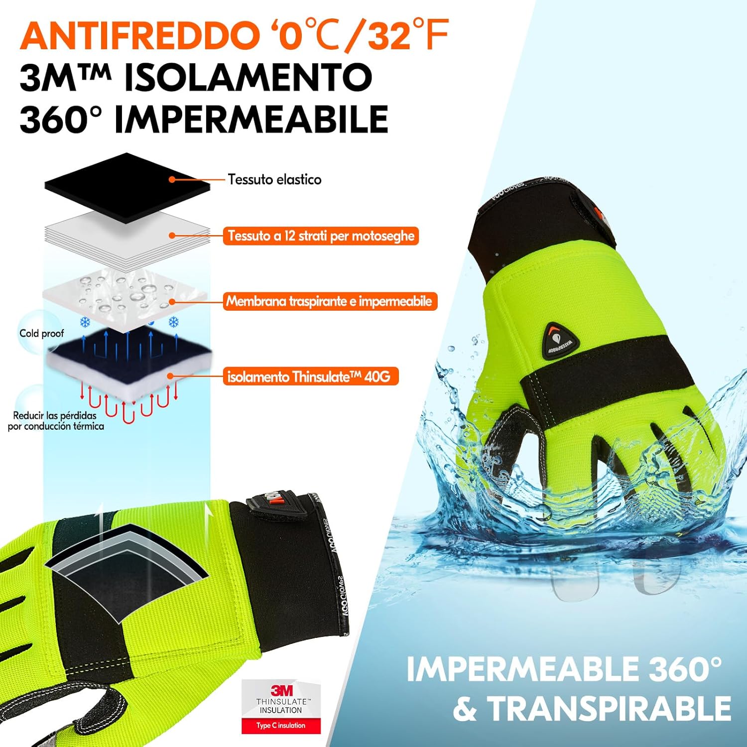 Thumbnail 1 de Vgo... guanti impermeabili e antitaglio per motosega invernali, taglio a 12 strati, L (verde) – 1 paio