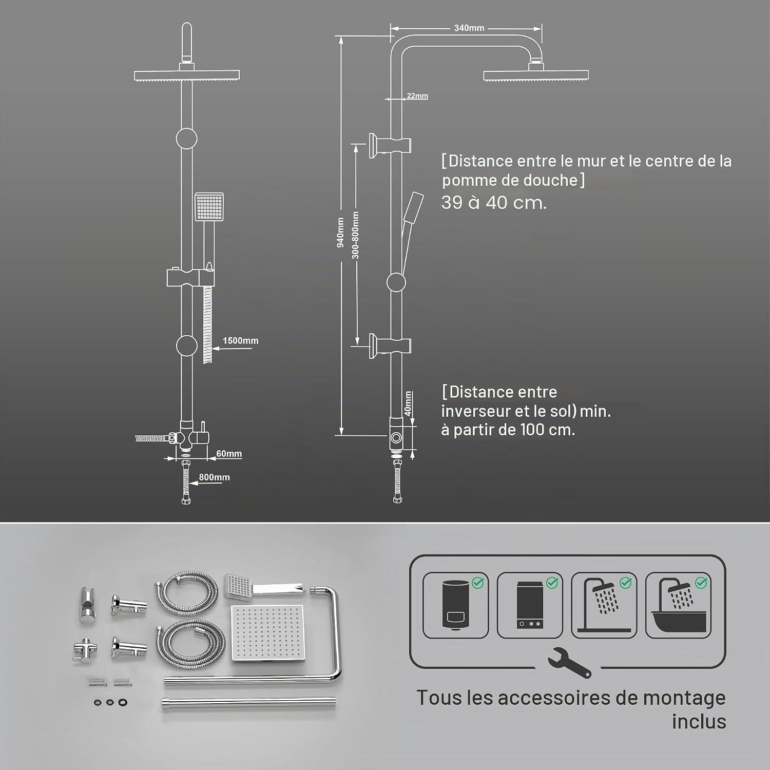 Detalle 2 de Colonne de Douche JOHO en Acier Inoxydable avec Douchette et Pommeau ABS Chromé – Hauteur Réglable