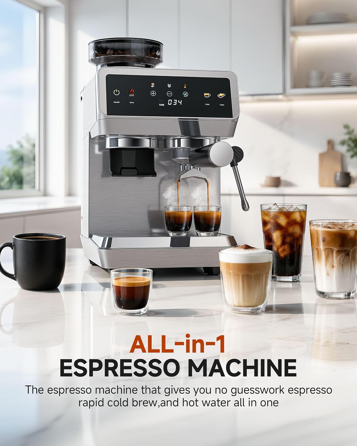Detalle de AMZCHEF CM1626 Espresso Machine with Grinder, 44 Settings, Touchscreen