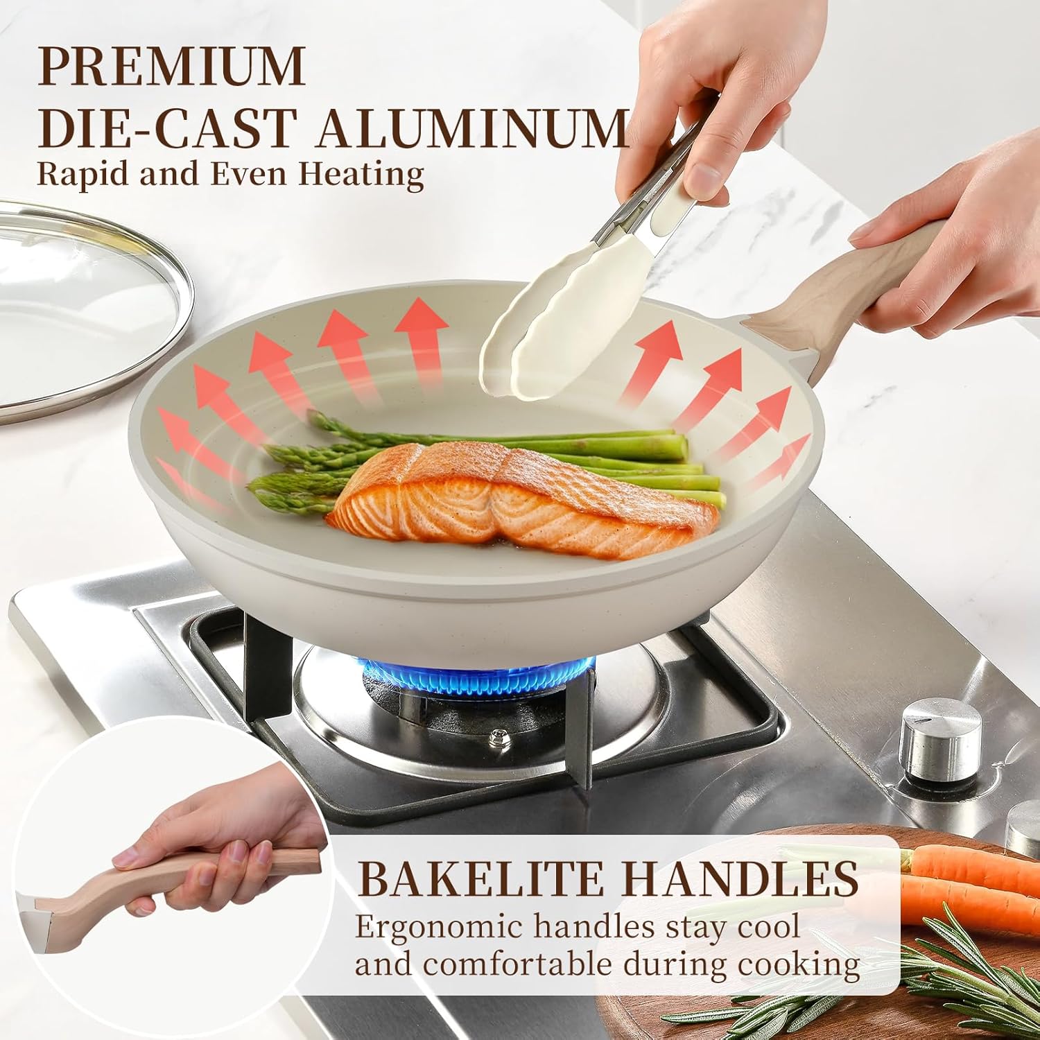 Thumbnail 4 de Kikcoin 16Pcs Ceramic Nonstick Pots & Pans Set with 9.5" Grill Pan (PTFE/PFOS/PFOA Free), Stackable White Set