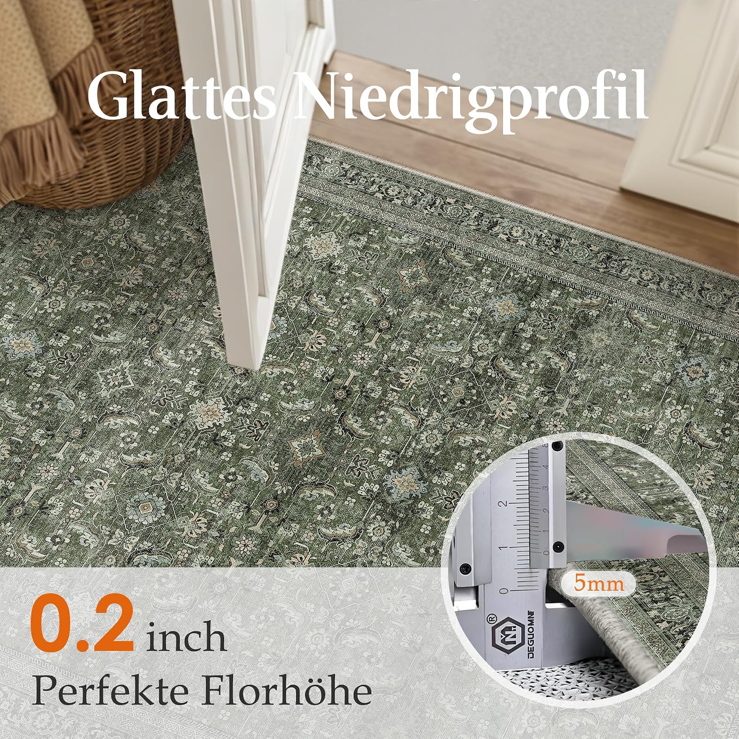Detalle de Vintage Grün Waschbarer Teppich für Wohnzimmer & mehr – Retro Rugs 120x170 cm, rutschfest und pflegeleicht
