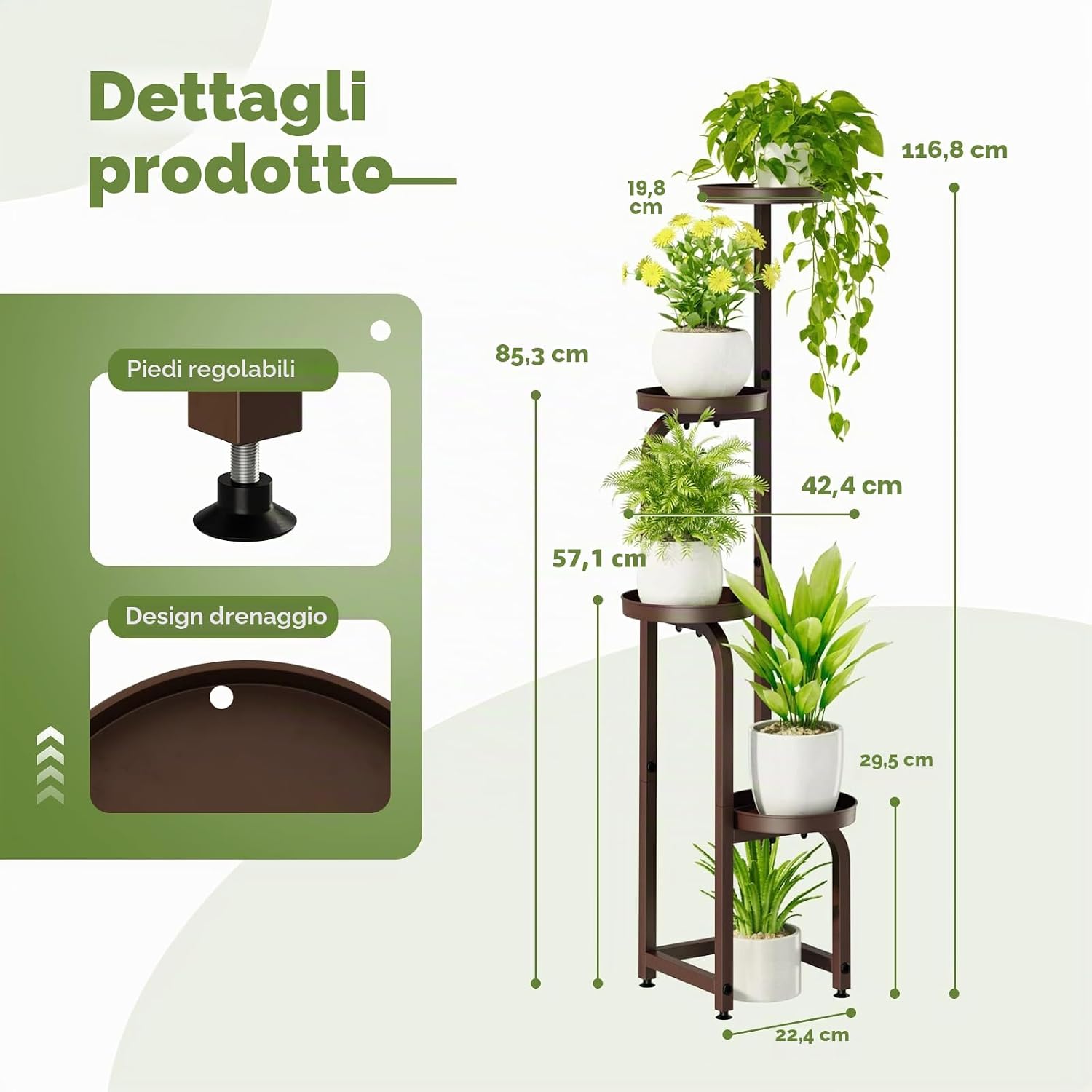 Detalle de Bamworld Porta Piante da Esterno/Interno: supporto a spirale in ferro, 4 livelli, Marrone, 116,8 cm