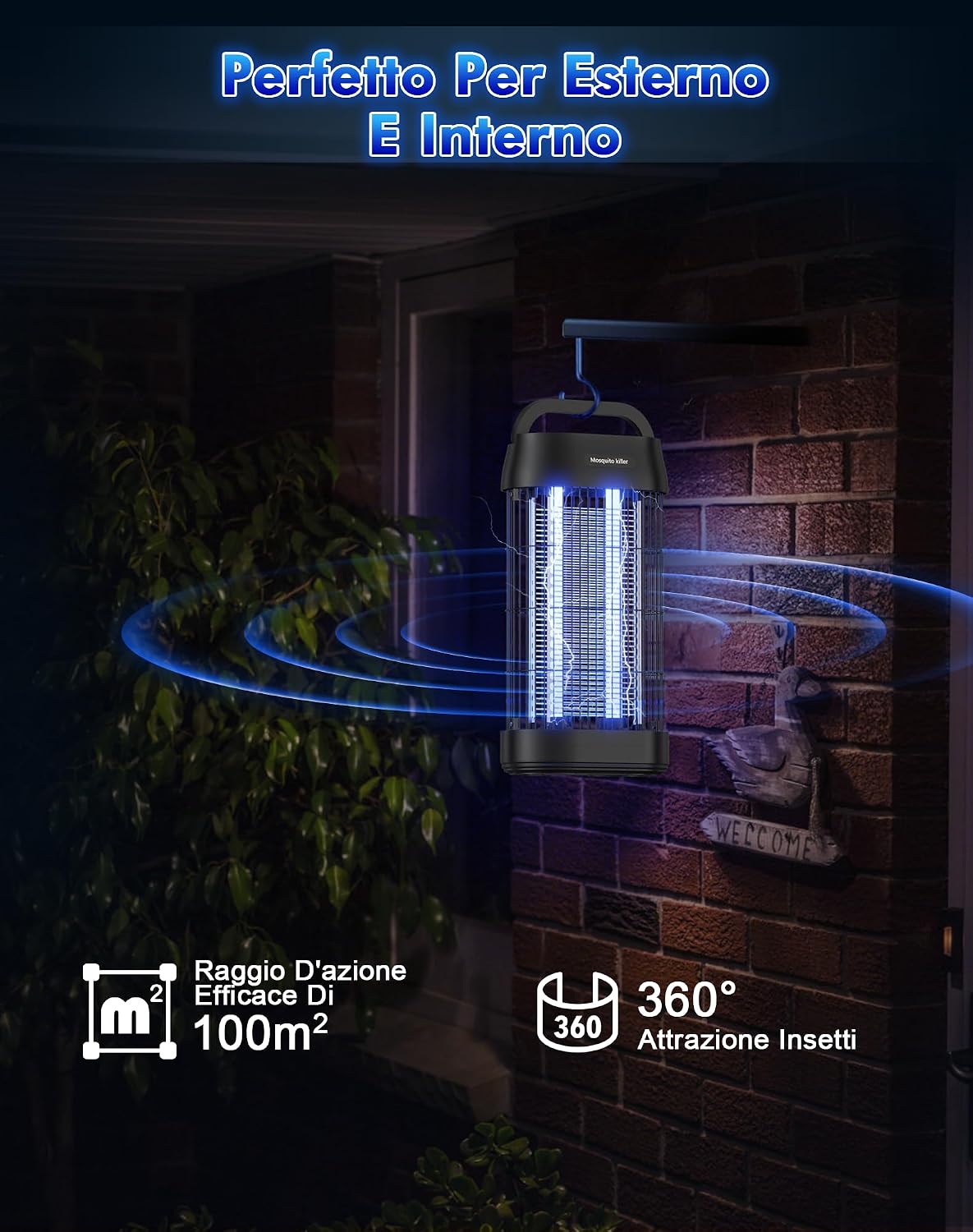 Detalle de Zanzariera Elettrica 16W 3000V con Gancio Portatile, Lampada Antizanzare UV, Nero-02