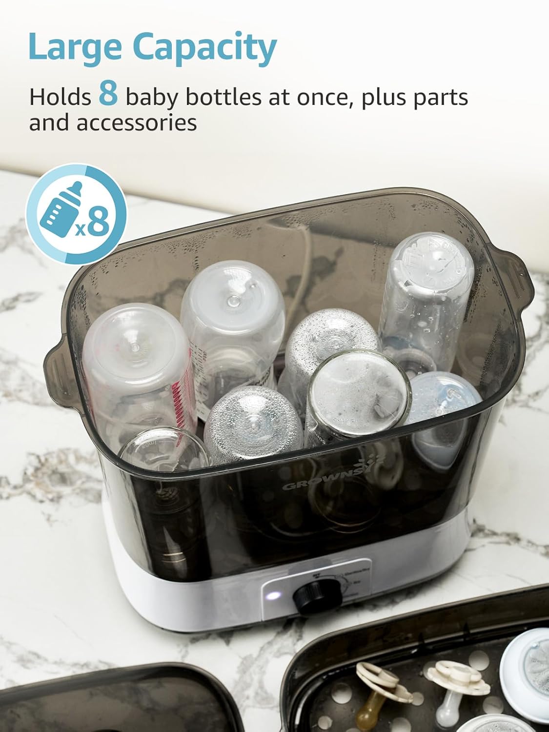 Detalle de GROWNSY 4-in-1 Baby Bottle Sterilizer and Dryer, 360° Steam, 72-Hour Storage