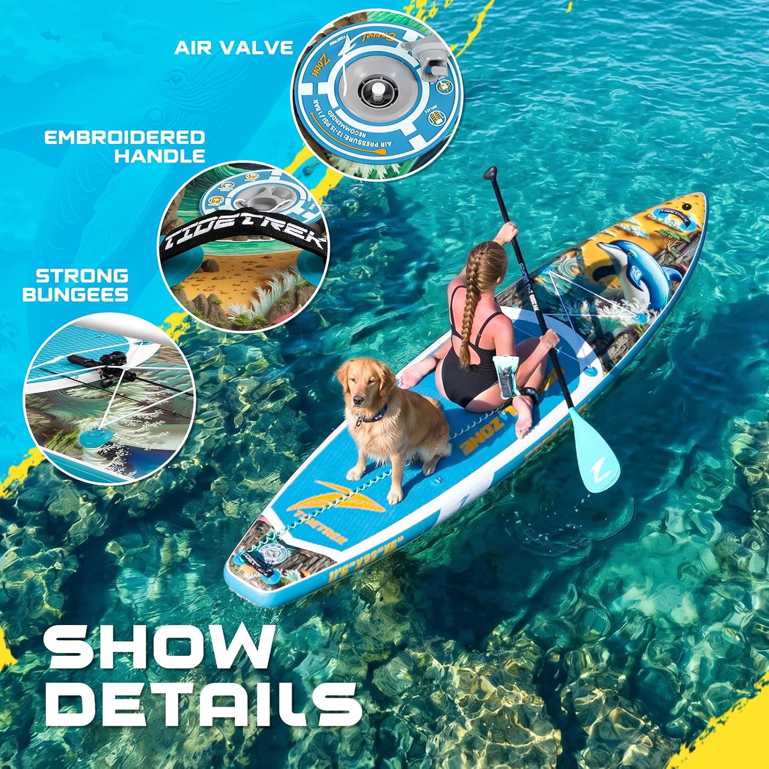 Detalle de TIDETREK 11' Inflatable Stand Up Paddle Board (SUP) — Extra-Wide, All-in-One Package