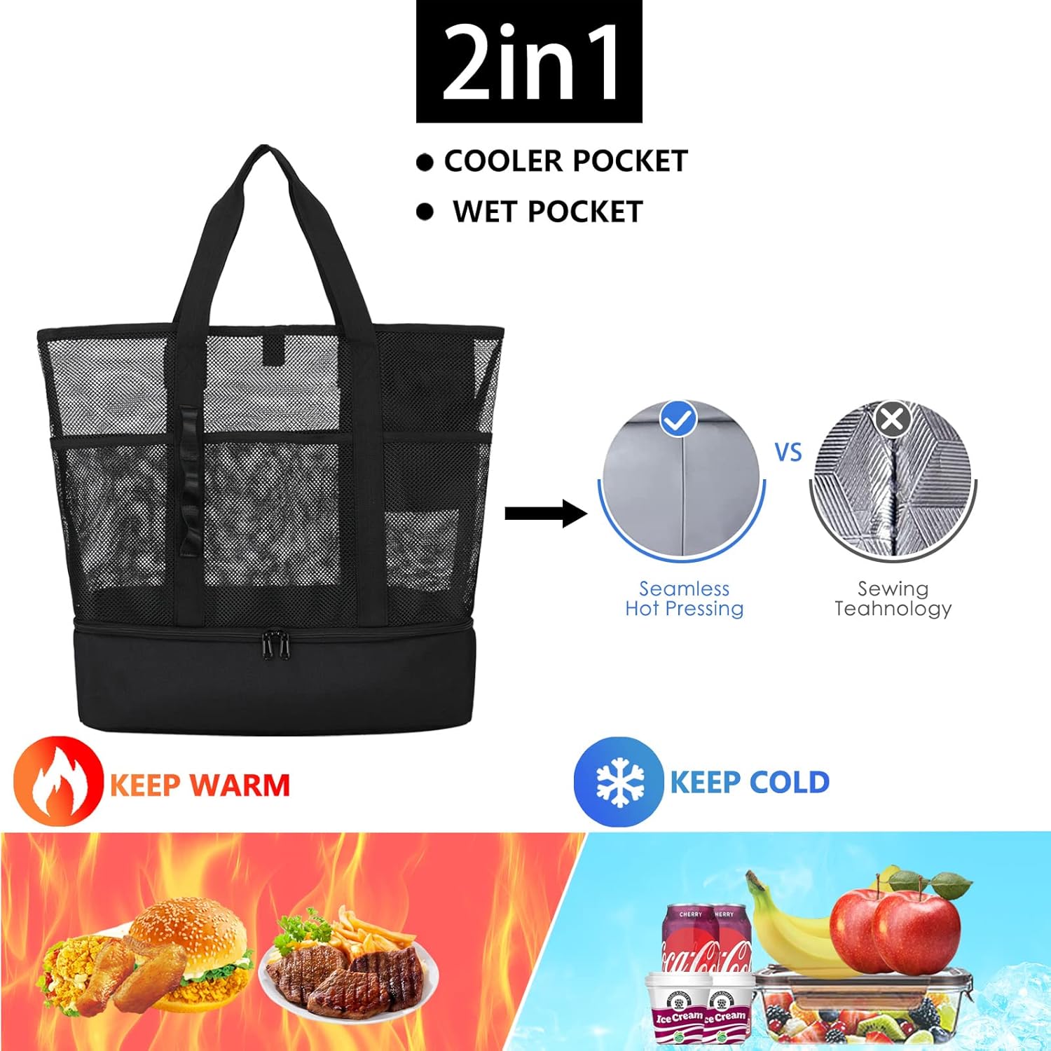 Detalle de UYLIA Large Tote Mesh Beach Bag with Cooler – 8-pocket sandproof waterproof foldable tote