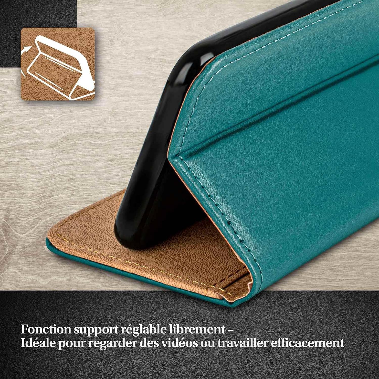 Detalle de moex Étui de protection à rabat pour iPhone 16 — portefeuille durable avec compartiment pour cartes, pliable à 360° et finition cuir synthétique bleu pétrole