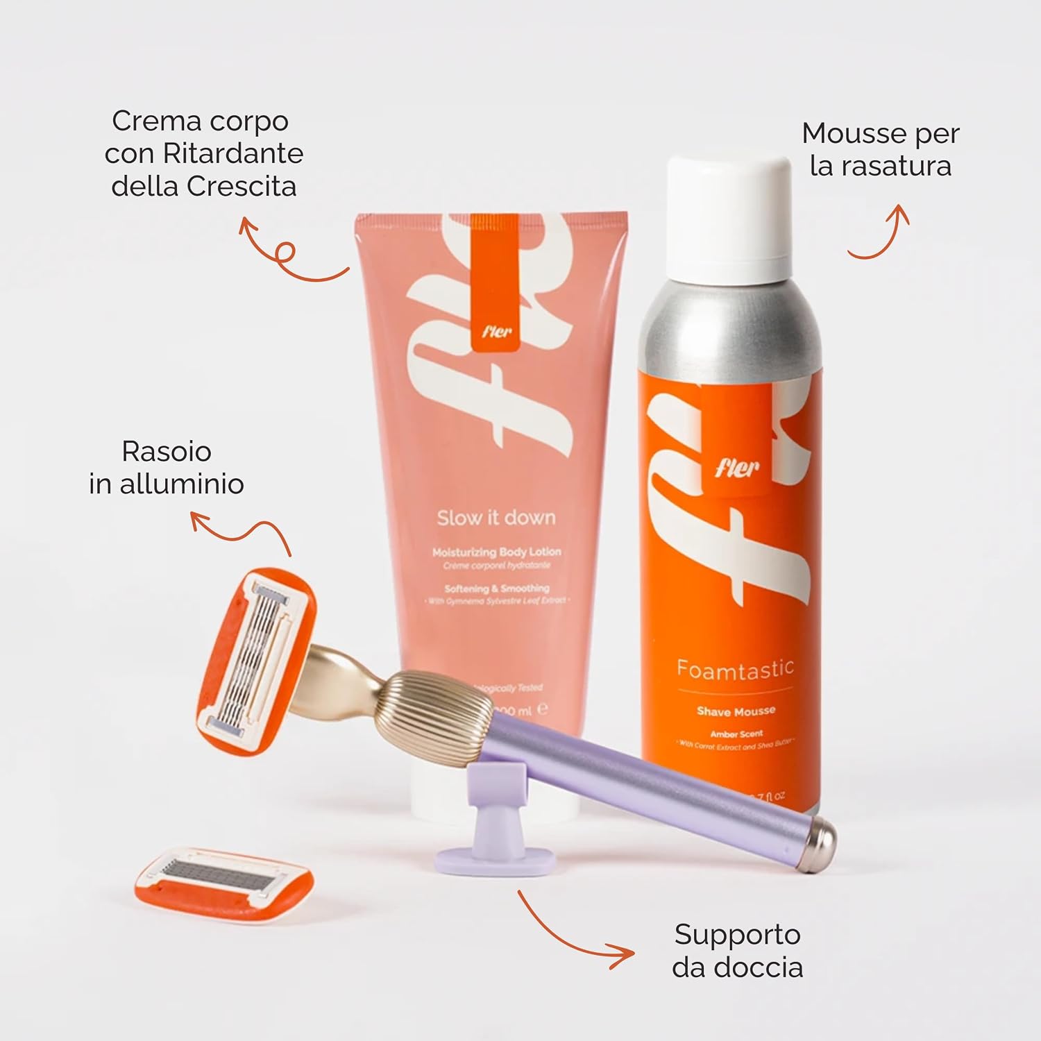 Detalle de Fler Smooth Skin Set: Rasoio Donna con Supporto, lamette di Ricambio e Mousse + Crema Corpo Lenitiva