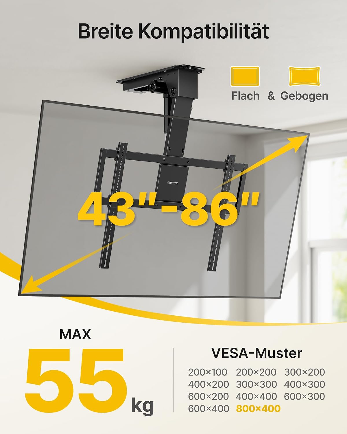 Detalle de monTEK Deckenhalterung elektrisch für 43–86 Zoll – VESA 200×100 bis 600×400, bis 55 kg