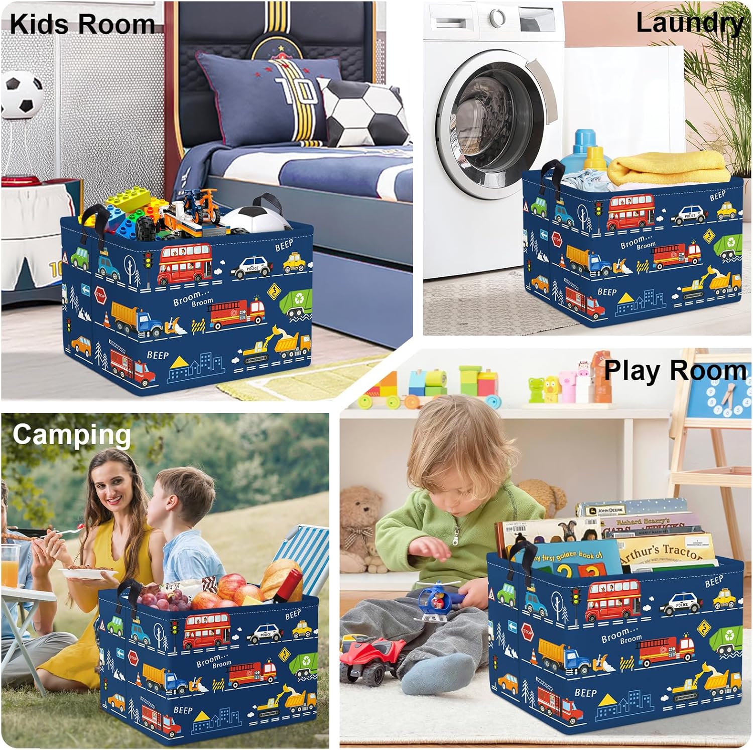 Thumbnail 6 de HUUMONSS Cartoon Cars Storage Basket – 36L large toy box for kids’ toys, clothes and laundry