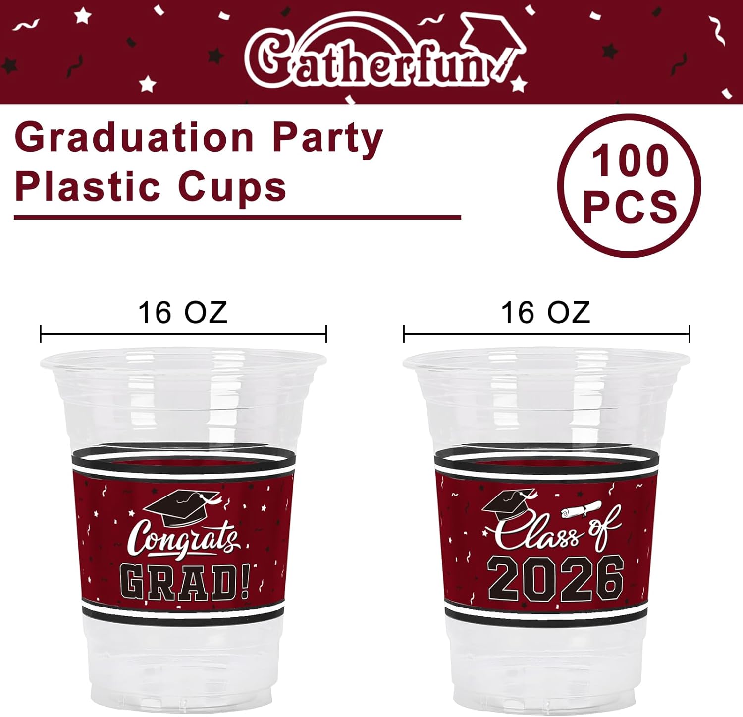 Thumbnail 1 de Gatherfun Class of 2026 Celebration 100-Piece 16oz Maroon Graduation Plastic Cups
