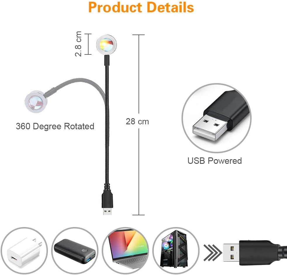 Detalle de OSDUE projektor zachodu słońca USB LED, 7 kolorów i regulacja 360°