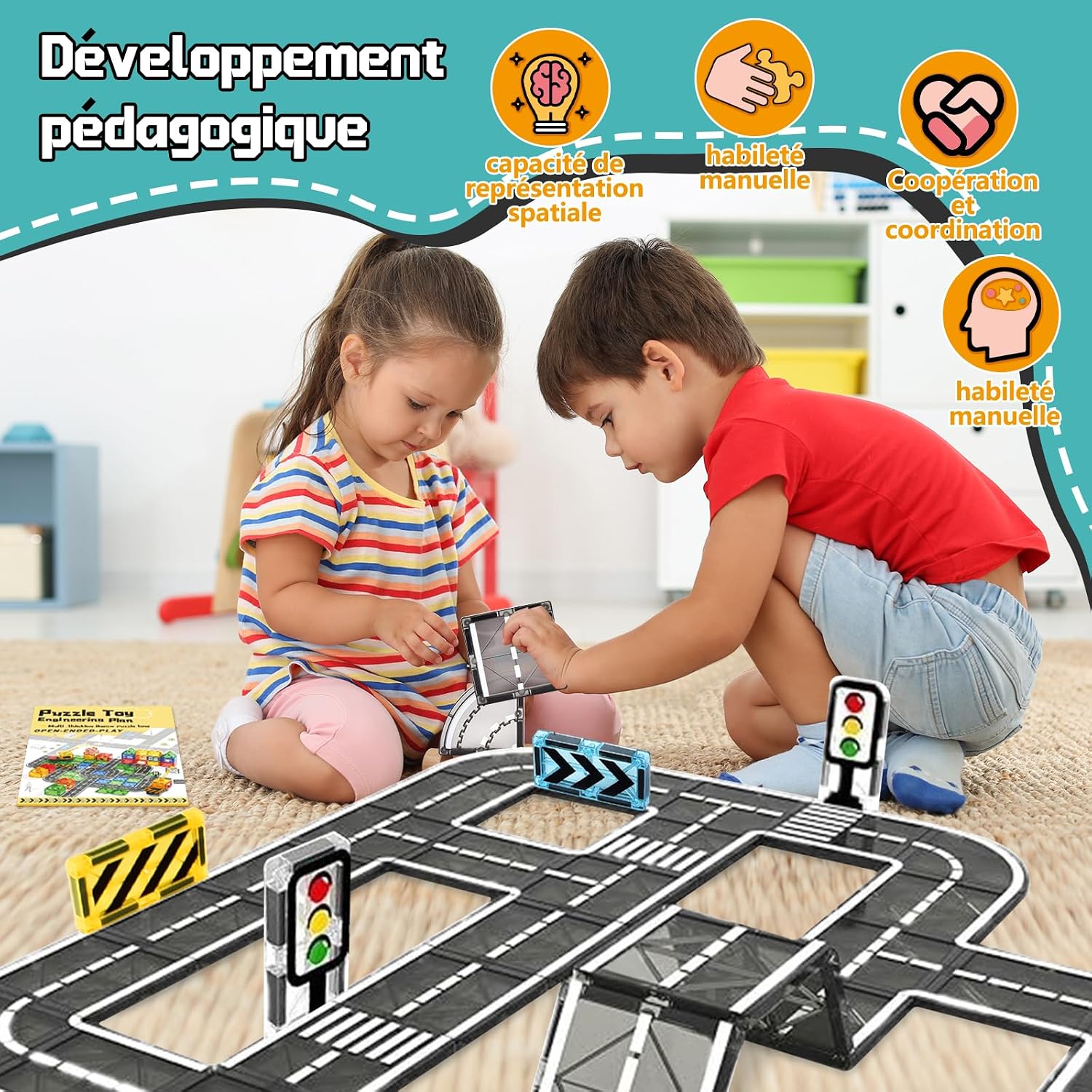 Detalle de BuzzoXerex Construction magnétique Routes – 50 pièces de tuiles magnétiques pour créer des parcours routiers