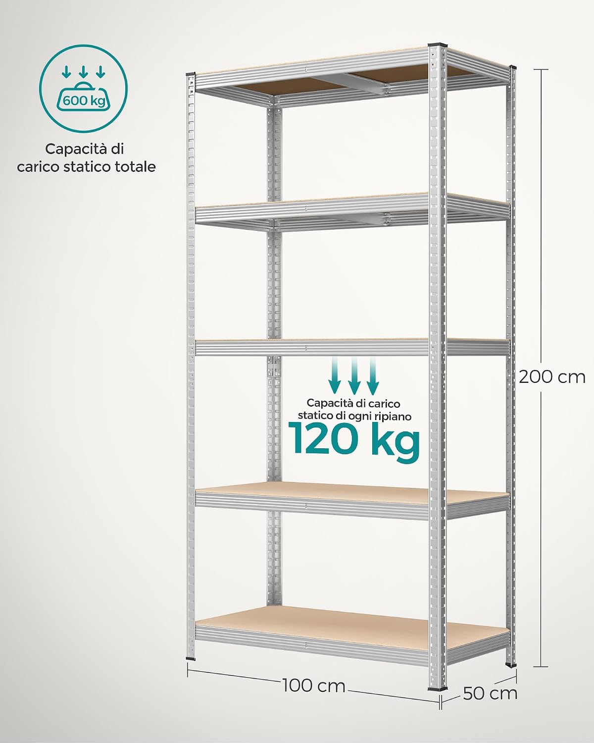 Detalle de SONGMICS GLR050E02 Set di 2 scaffali metallici a 5 ripiani regolabili (fino a 600 kg) per garage e magazzino