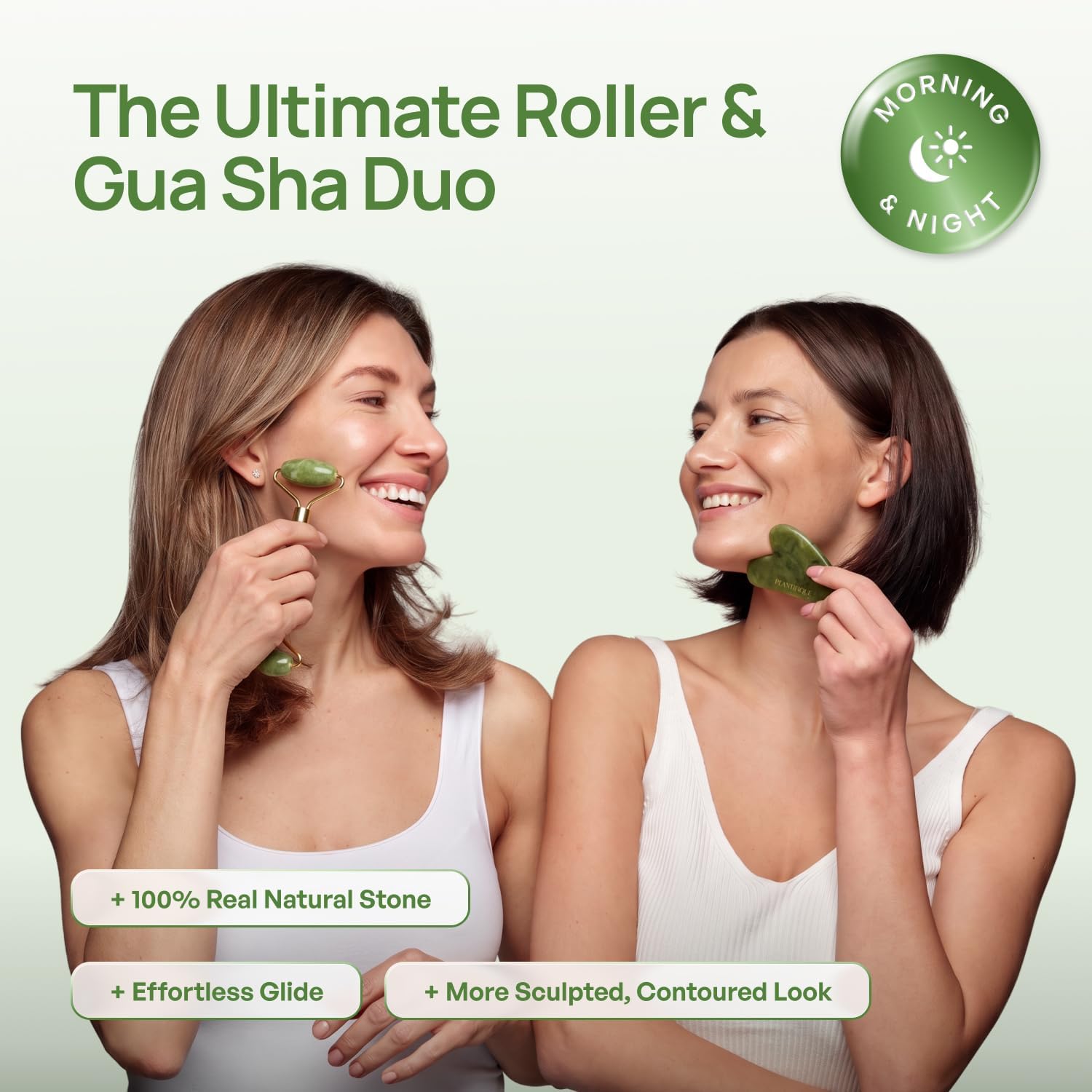 Detalle 2 de PLANTIFIQUE Jade Roller & Gua Sha Set – Real Jade Facial Tools for Radiant Skin