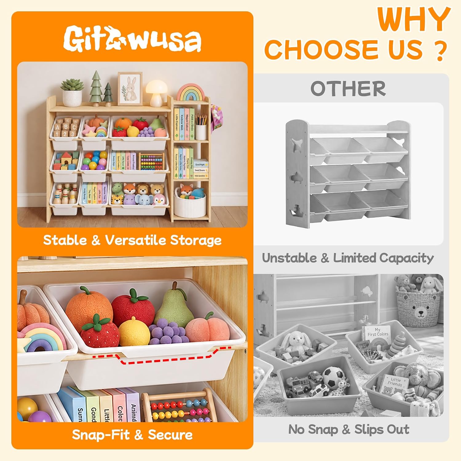 Detalle de GITAWUSA Kids Toy Storage Organizer, 3-Tier Shelf with 9 Bins, White and Natural Wood