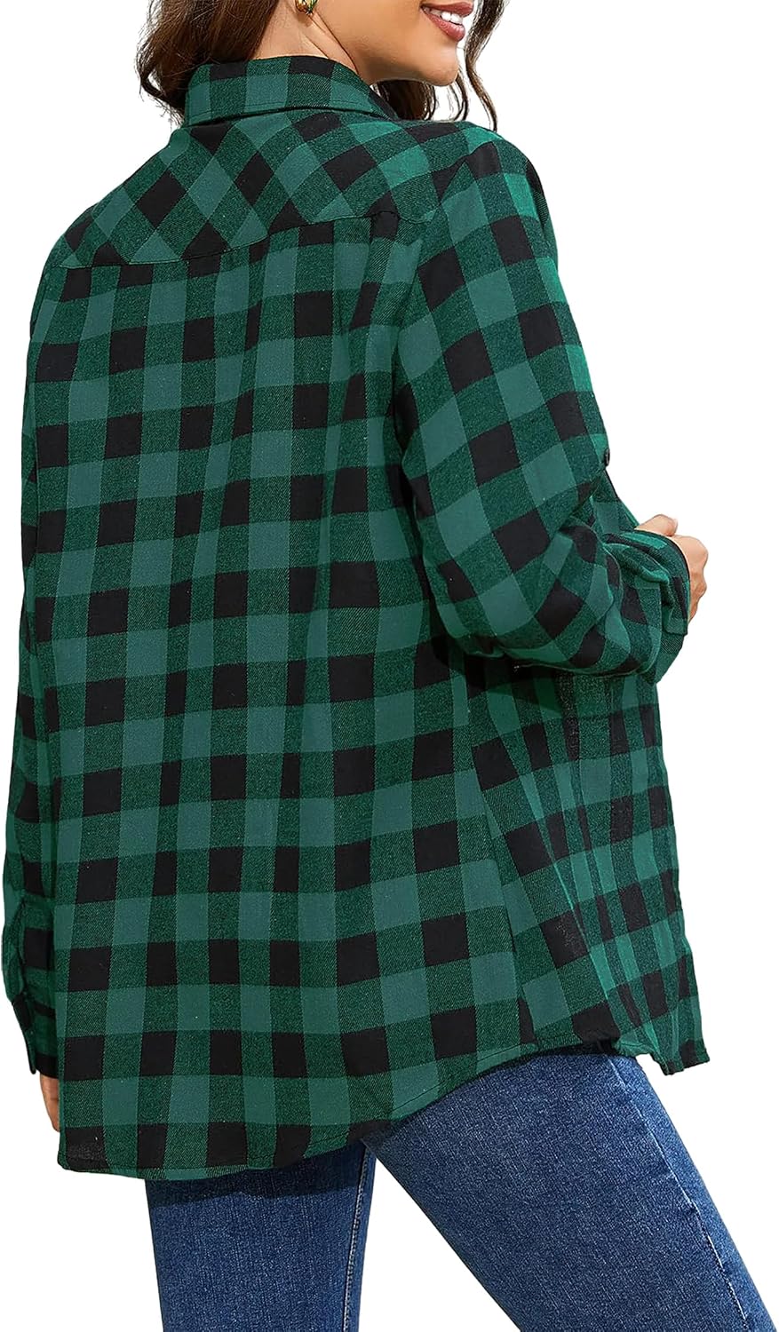 Detalle de Timuspo geruite damesblouse van flanel met lange mouwen en V-hals