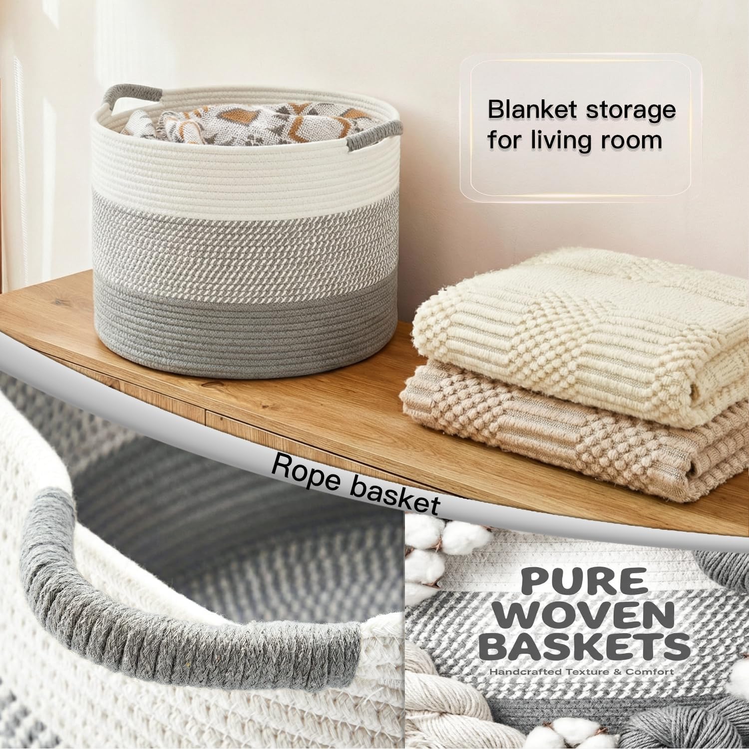 Detalle 1 de Artfeel 70L Cotton Rope Blanket Basket, Machine-Washable with Reinforced Handles