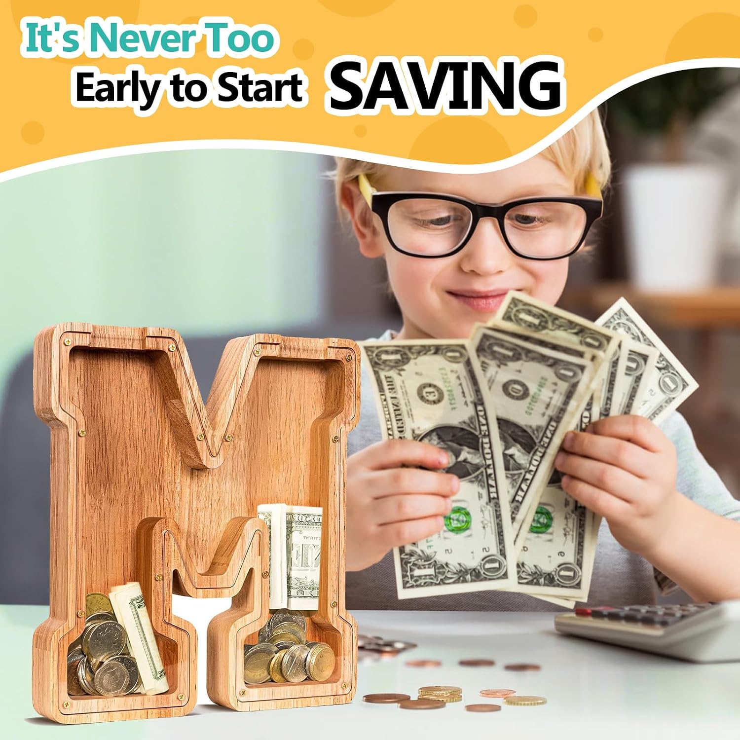 Detalle de SummiDate Wooden Letter Piggy Bank with Personalized Initial (M) – Alphabet Money Bank for Kids