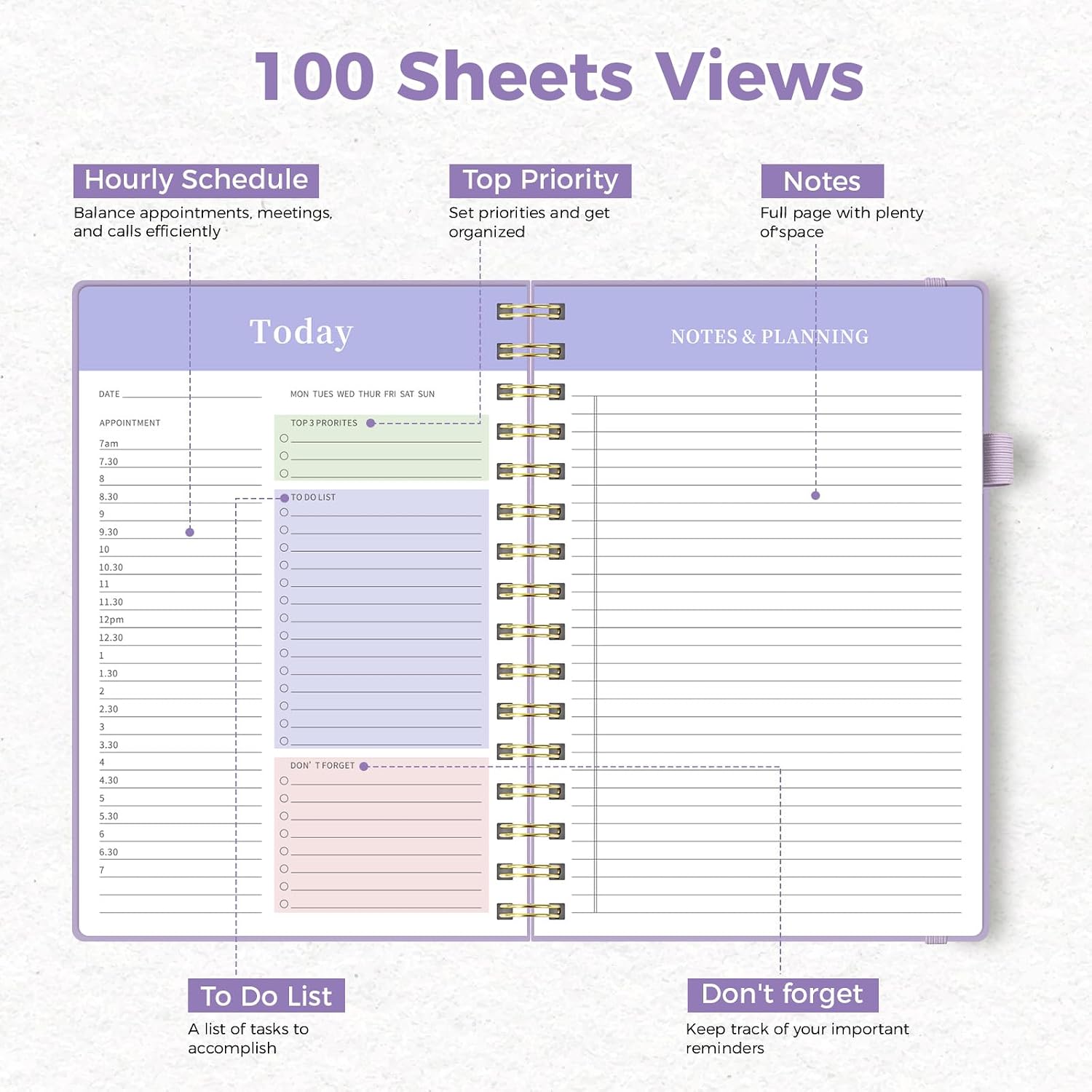 Detalle 2 de Umriox Daily Planner Undated A4 with Hourly To-do Schedules (Purple)