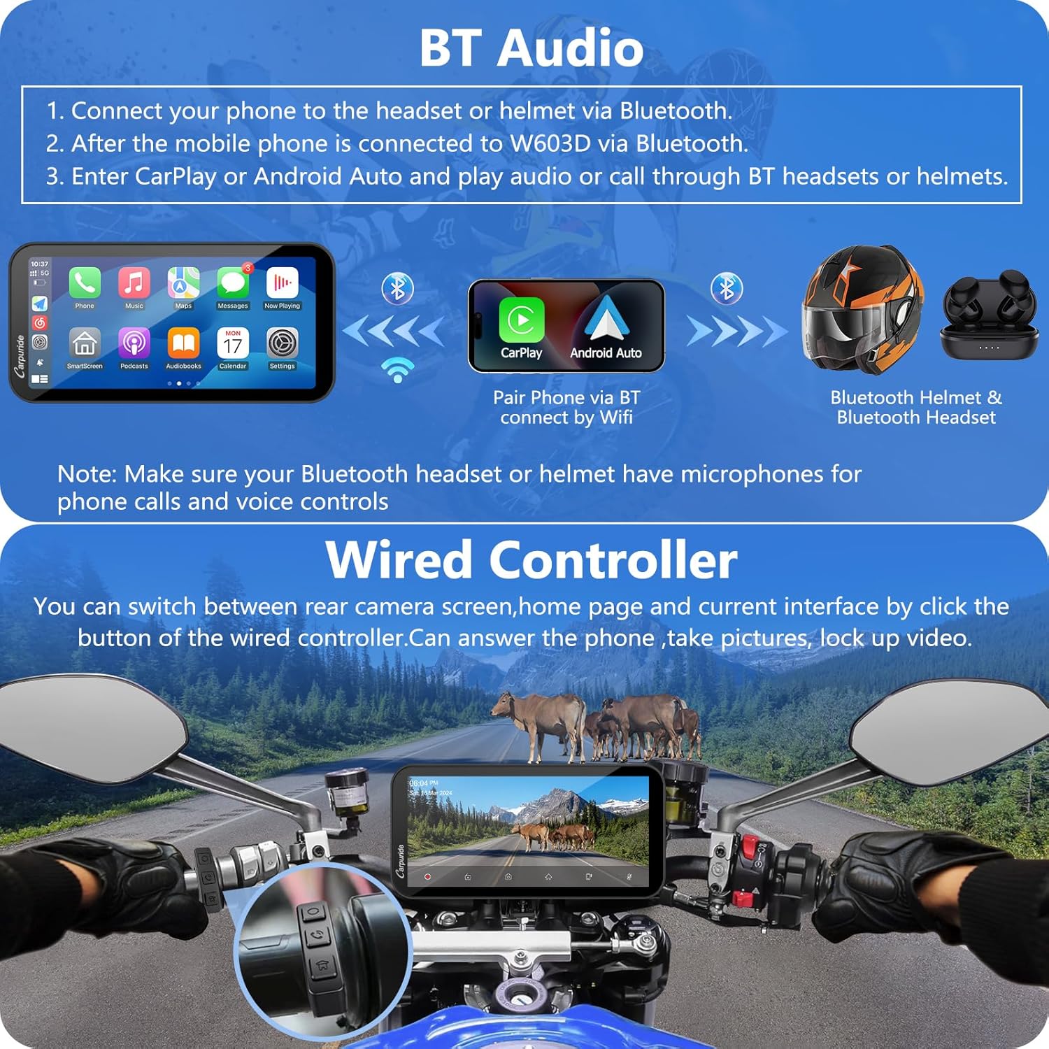 Thumbnail 3 de Carpuride W603D: 6,3-Zoll Motorrad-GPS mit Dualkamera, CarPlay/Android Auto und IP67