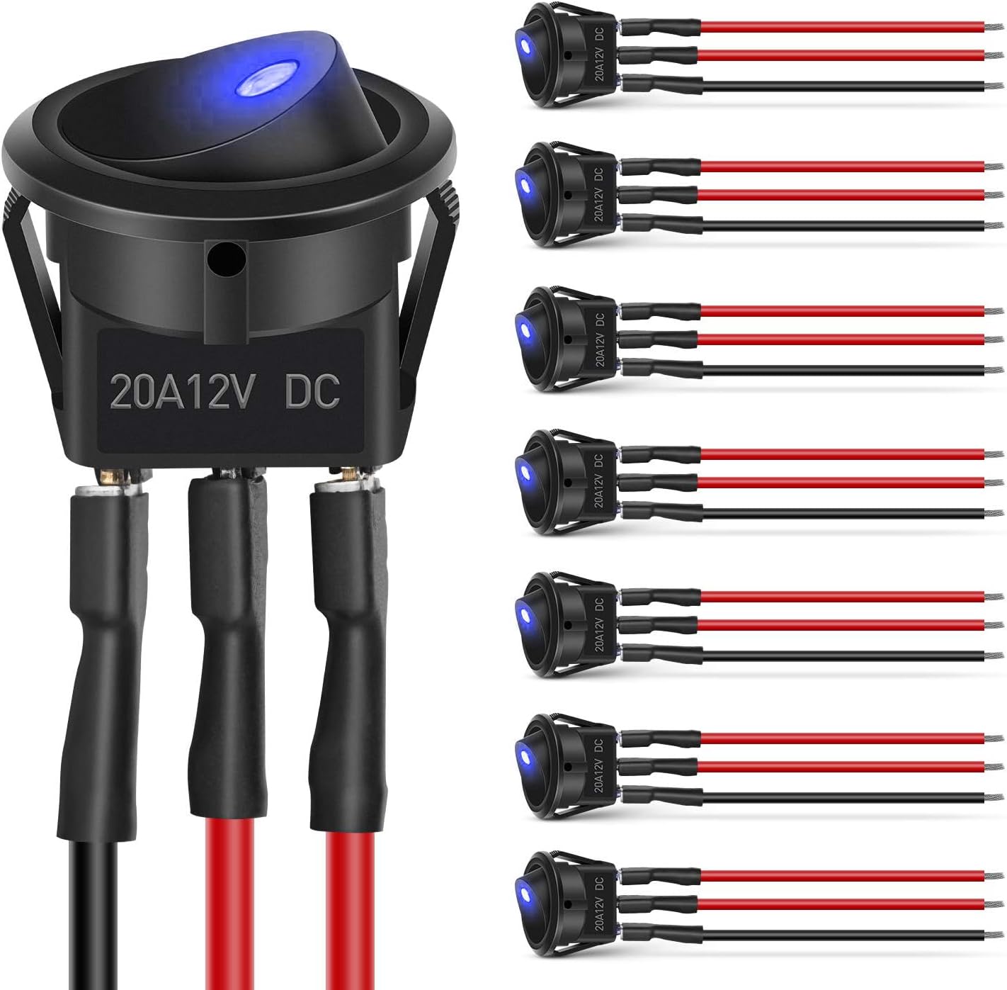 Detalle de Nilight 8-Pack 12V 20A Round Blue Toggle LED Rocker Switches (SPST, 3-Pin) for On-Off Control