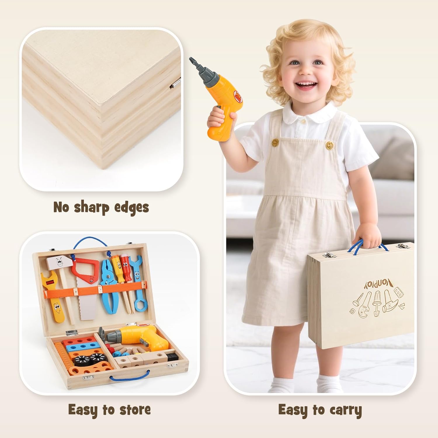 Thumbnail 3 de Kinder Werkzeugkoffer Montessori Holzspielzeug (39-tlg.) ab 3 Jahren – inkl. Akkuschrauber-Spielzeug