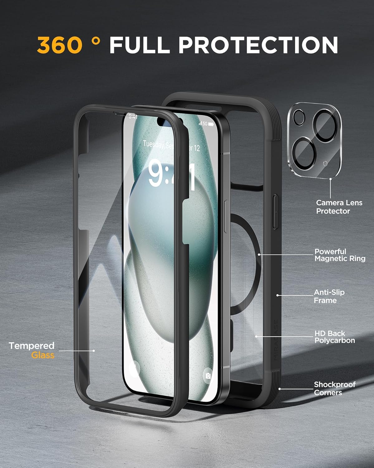 Detalle de Miracase 360-Grad Hülle für iPhone 15 mit MagSafe, integriertem 9H-Glas & Kameraschutz (Schwarz)