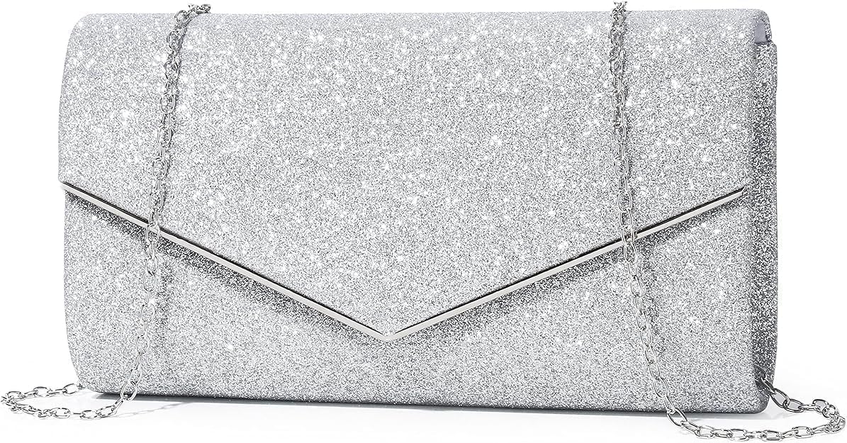 Detalle de Mooedcoe Glitzer Clutch Damen – Elegante silberne Abendtasche mit abnehmbarer Kette