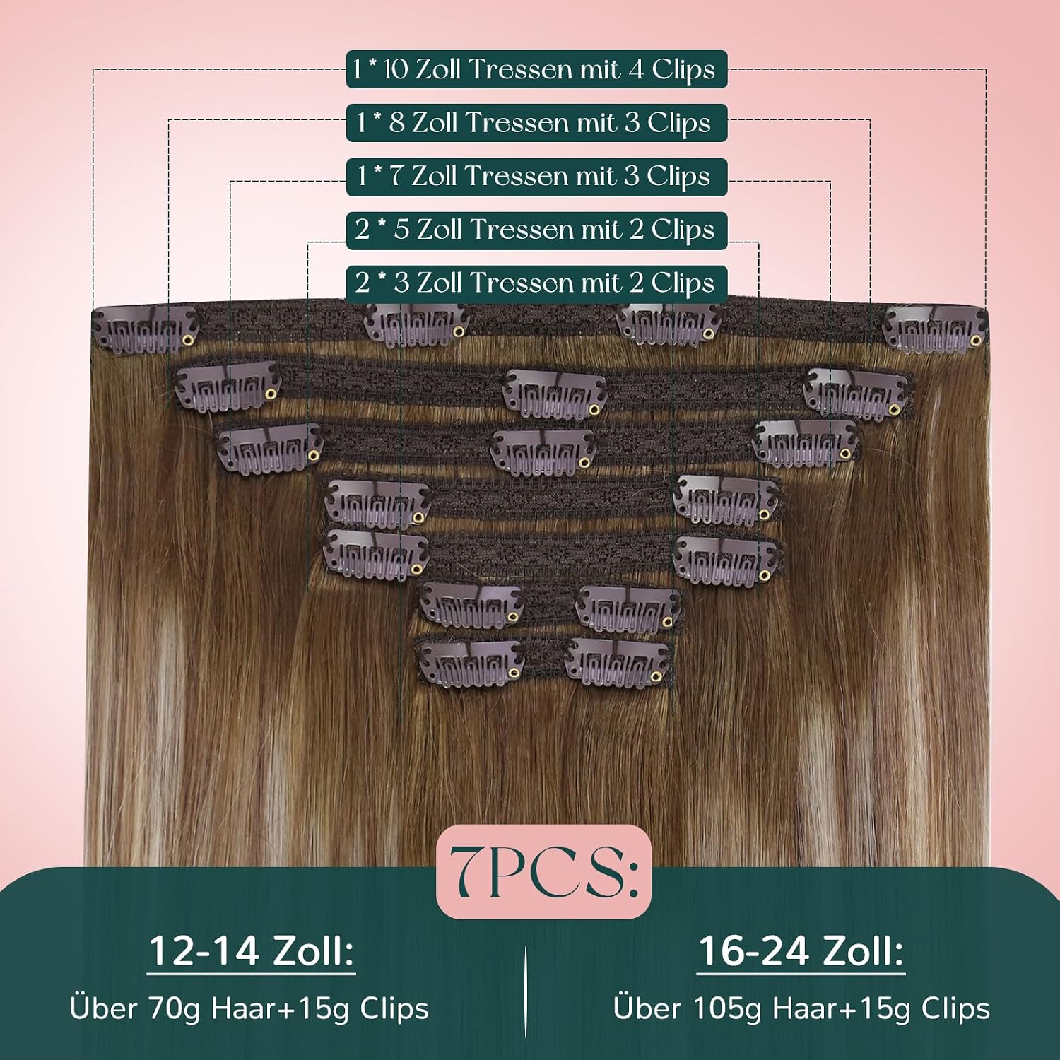 Detalle de Easyouth Clip-in Extensions aus Remy-Menschenhaar (Balayage Blond, #3/8/22) – 7 Stk. bis 55 cm, 120 g