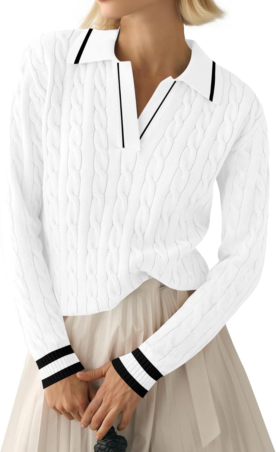 Detalle 1 de LACOZY Women's Cable Knit Polo V-Neck Pullover