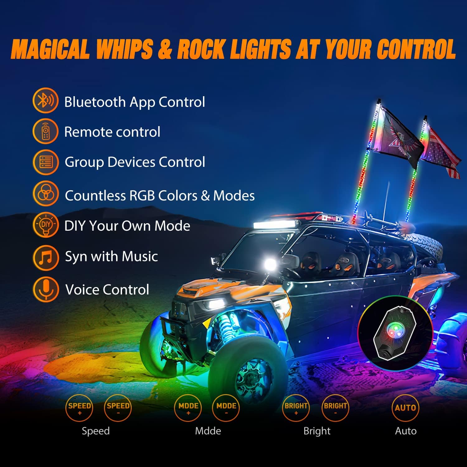 Thumbnail 1 de Nilight 2PCS 3FT RGB LED Whip Light & 4 Rock Lights Combo with Bluetooth App & RF Remote