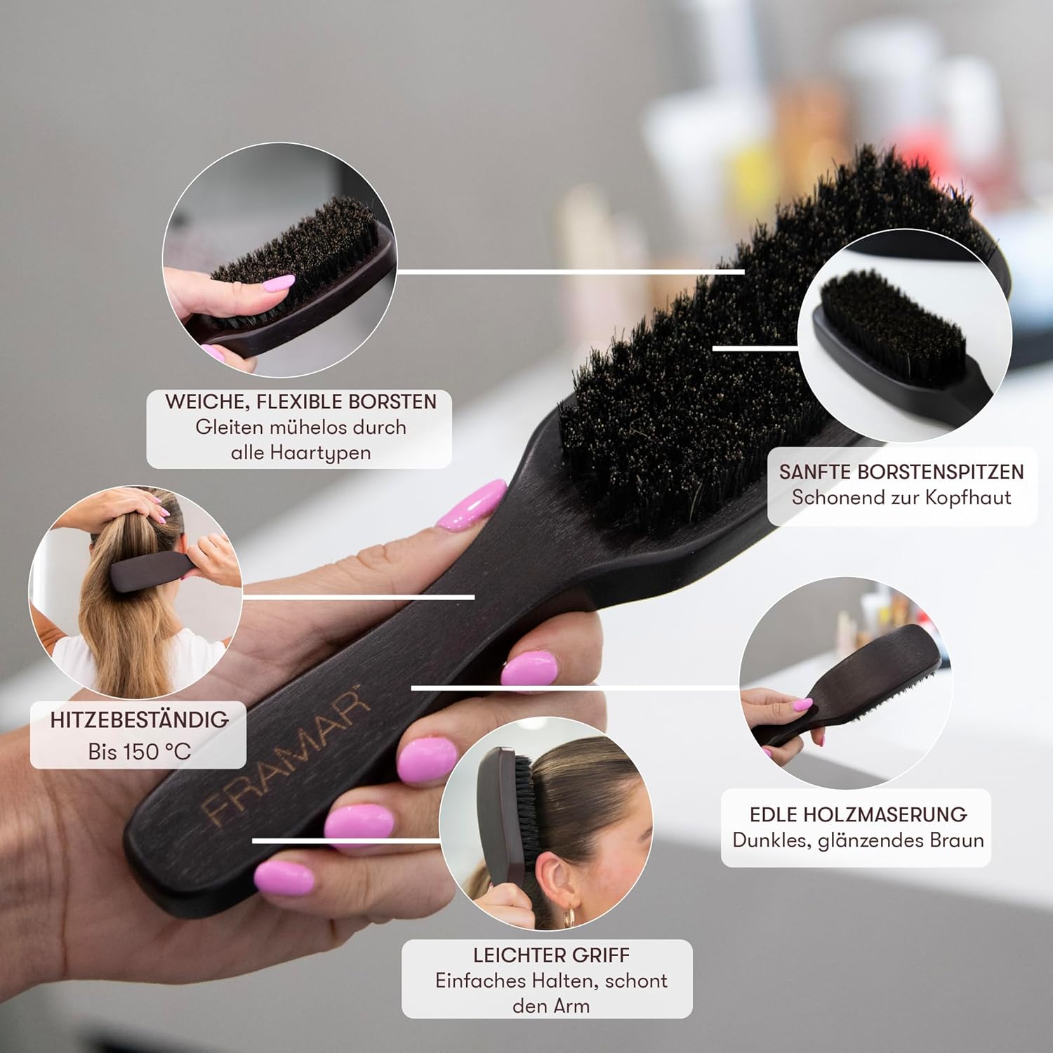 Thumbnail 2 de FRAMAR Sleek Bürste mit Wildschweinborsten – Natürliches Volumen und Glanz, Braun</br>Samt