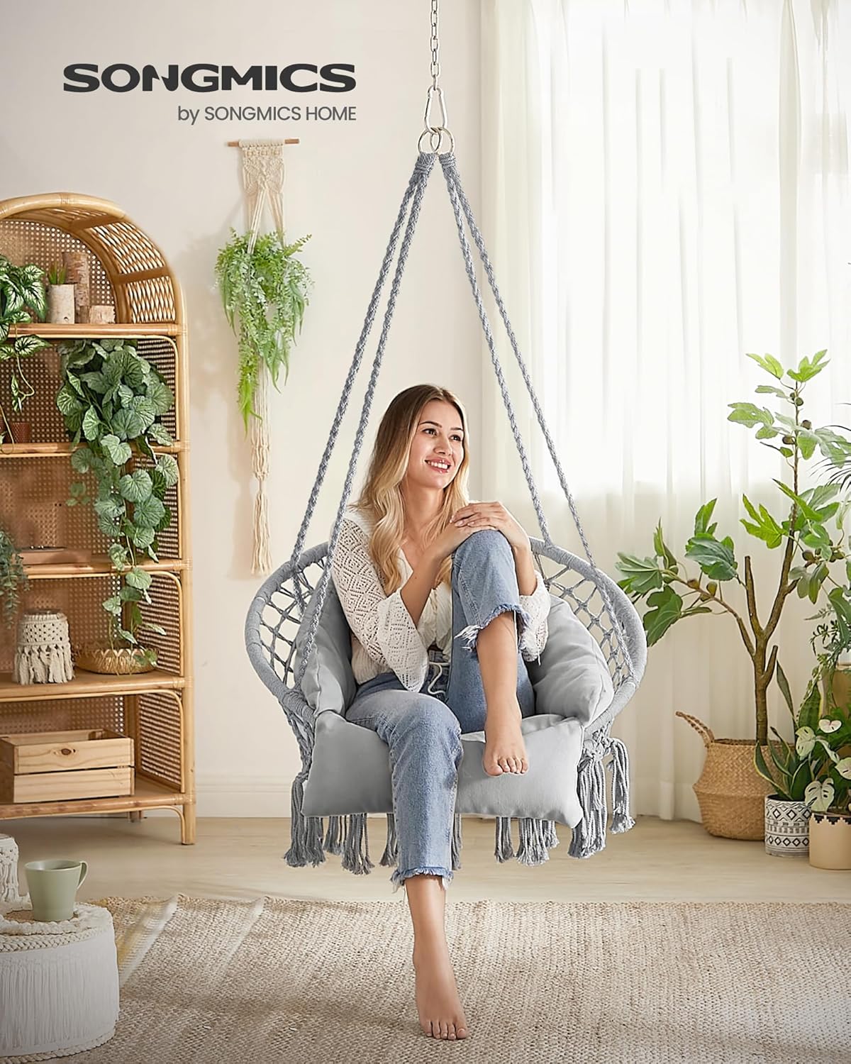 Thumbnail 1 de SONGMICS Fauteuil suspendu GDC042G11V3 avec coussin épais et franges, capacité 120 kg, gris tourterelle