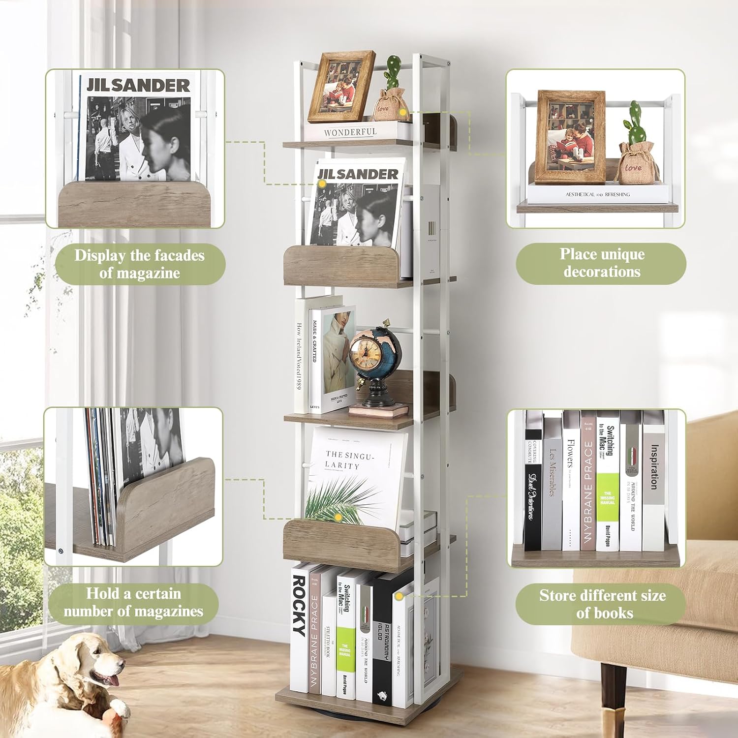 Thumbnail 3 de Bikoney 5-Tier Rotating Corner Bookshelf (White & Grey) – Industrial, Narrow, Tall Design